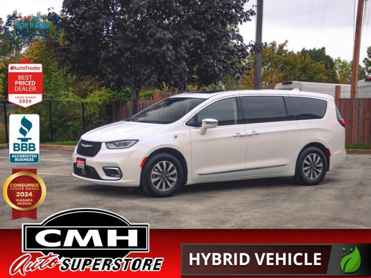 <b>LOW MILEAGE !! 360 CAMERA, BLIND SPOT, LANE KEEPING, ADAPTIVE CRUISE CONTROL, PARK SENSORS, APPLE CARPLAY, ANDROID AUTO, PANORAMIC SUNROOF, LEATHER, POWER DRIVER SEAT, POWER SLIDERS, POWER LIFTGATE, COOLED/HEATED SEATS, HEATED STEERING WHEEL, STOW-N-GO</b><br>  <br>CMH certifies that all vehicles meet DOUBLE the Ministry standards for Brakes and Tires<br><br> <br>    This  2022 Chrysler Pacifica Hybrid is for sale today. <br> <br>Designed for the family on the go, this 2022 Chrysler Pacifica is loaded with clever and luxurious features that will make it feel like a second home on the road. Far more than your moms old minivan, this stunning Pacifica will feel modern, sleek, and cool enough to still impress your neighbors. If you need a minivan for your growing family, but still want something that feels like a luxury sedan, then this Pacifica is designed just for you.This  van has 38,425 kms. Its  white in colour  and is major accident free based on the <a href=https://vhr.carfax.ca/?id=piJlHDx0GNFNH7lG8B46yRecIrPwI9ES target=_blank>CARFAX Report</a> . It has an automatic transmission and is powered by a  260HP 3.6L V6 Cylinder Engine. <br> <br> Our Pacifica Hybrids trim level is Limited. This Limited trim adds luxury with a 3 row sunroof, Nappa leather seats, and memory settings while a 360 camera helps with convenience and safety. The colorful and stylish cabin of this Pacifica is further enhanced with heated seats, a heated steering wheel, and folding captain chairs that offer a ton of adjustment. The Harman Kardon enhanced Uconnect 5 system is equipped with navigation, Apple CarPlay, Android Auto, wi-fi, and many more connectivity features to ensure you are always plugged into your day. Driver assistance features include lane keep assist, distance pacing cruise, blind spot monitoring, automatic braking, parking sensors, and a rear view camera. Aluminum wheels and chrome trim provide endless style while power sliding doors, a power liftgate, proximity keyless entry, and fog lamps offer incredible convenience.  This vehicle has been upgraded with the following features: Sunroof,  Premium Audio,  4g Wifi,  Leather Seats,  360 Camera,  Heated Seats,  Navigation. <br> To view the original window sticker for this vehicle view this <a href=http://www.chrysler.com/hostd/windowsticker/getWindowStickerPdf.do?vin=2C4RC1S79NR200189 target=_blank>http://www.chrysler.com/hostd/windowsticker/getWindowStickerPdf.do?vin=2C4RC1S79NR200189</a>. <br/><br> <br>To apply right now for financing use this link : <a href=https://www.cmhniagara.com/financing/ target=_blank>https://www.cmhniagara.com/financing/</a><br><br> <br/><br>Trade-ins are welcome! Financing available OAC ! Price INCLUDES a valid safety certificate! Price INCLUDES a 60-day limited warranty on all vehicles except classic or vintage cars. CMH is a Full Disclosure dealer with no hidden fees. We are a family-owned and operated business for over 30 years! o~o