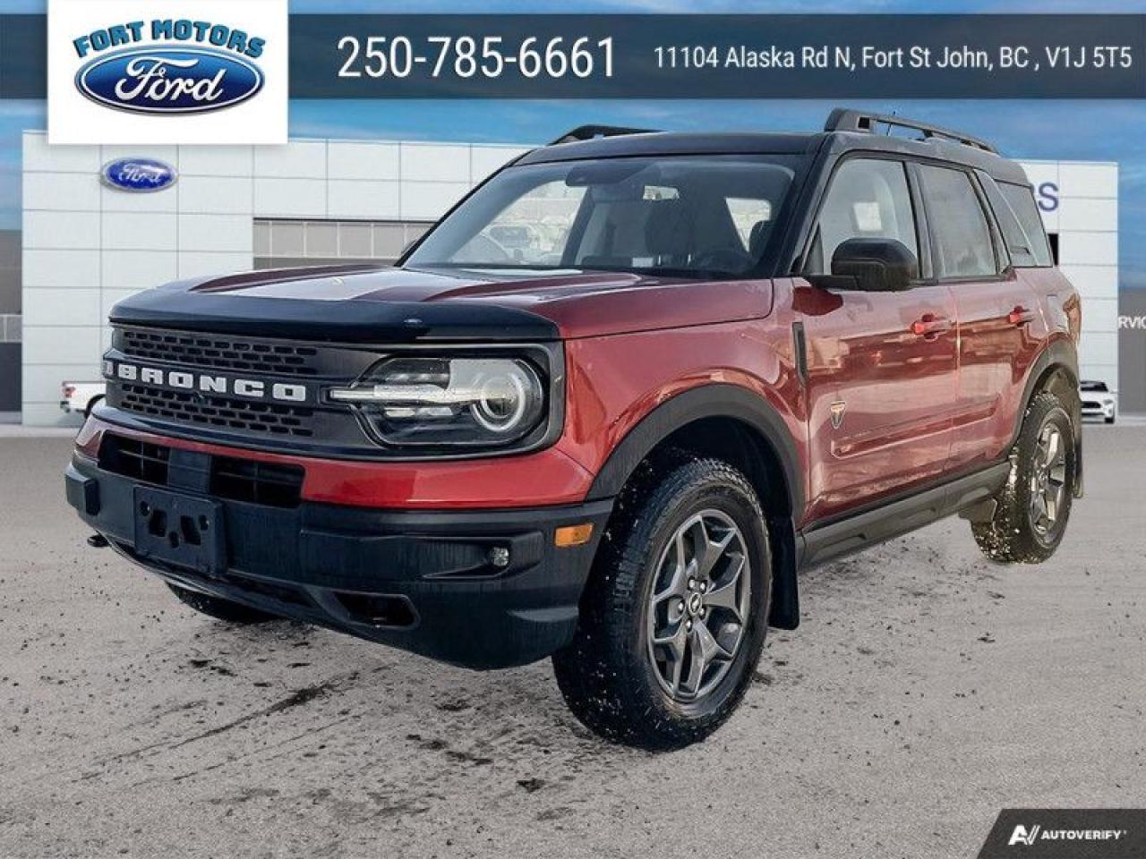 <b>Leather Seats, Sunroof, Ford Co-Pilot360 Assist+, Wireless Charging, Premium Audio!</b><br> <br>   Designed for every adventurer, this Bronco Sport gets you out into the wild, and back again. <br> <br>A compact footprint, an iconic name, and modern luxury come together to make this Bronco Sport an instant classic. Whether your next adventure takes you deep into the rugged wilds, or into the rough and rumble city, this Bronco Sport is exactly what you need. With enough cargo space for all of your gear, the capability to get you anywhere, and a manageable footprint, theres nothing quite like this Ford Bronco Sport.<br> <br> This hot pepper red met tint cc SUV  has a 8 speed automatic transmission and is powered by a  250HP 2.0L 4 Cylinder Engine.<br> <br> Our Bronco Sports trim level is Badlands. Rugged and capable, this Bronco Sport Badlands is ready for your next off-road adventure, with beefy off-road suspension, a reinforced undercarriage with 4 skid plates, off-road wheels, and front tow hooks. Also standard include heated seats with SiriusXM streaming radio and exclusive aluminum wheels. This SUV also features a slew of standard infotainment and convenience features, including voice-activated automatic air conditioning, an 8-inch SYNC 3 powered infotainment screen with Apple CarPlay and Android Auto, smart charging USB type-A and type-C ports, 4G LTE mobile hotspot internet access, proximity keyless entry with remote start, and a robust terrain management system that features the trademark Go Over All Terrain (G.O.A.T.) driving modes. Additional features include blind spot detection, rear cross traffic alert and pre-collision assist with automatic emergency braking, lane keeping assist, lane departure warning, forward collision alert, driver monitoring alert, a rear-view camera, 3 12-volt DC and 120-volt AC power outlets, and so much more. This vehicle has been upgraded with the following features: Leather Seats, Sunroof, Ford Co-pilot360 Assist+, Wireless Charging, Premium Audio, Class Ii Trailer Tow Package, Premium Package. <br><br> View the original window sticker for this vehicle with this url <b><a href=http://www.windowsticker.forddirect.com/windowsticker.pdf?vin=3FMCR9D98RRF27521 target=_blank>http://www.windowsticker.forddirect.com/windowsticker.pdf?vin=3FMCR9D98RRF27521</a></b>.<br> <br>To apply right now for financing use this link : <a href=https://www.fortmotors.ca/free-credit-check/ target=_blank>https://www.fortmotors.ca/free-credit-check/</a><br><br> <br/><br>Come down to Fort Motors and take it for a spin!<p><br> Come by and check out our fleet of 30+ used cars and trucks and 200+ new cars and trucks for sale in Fort St John.  o~o