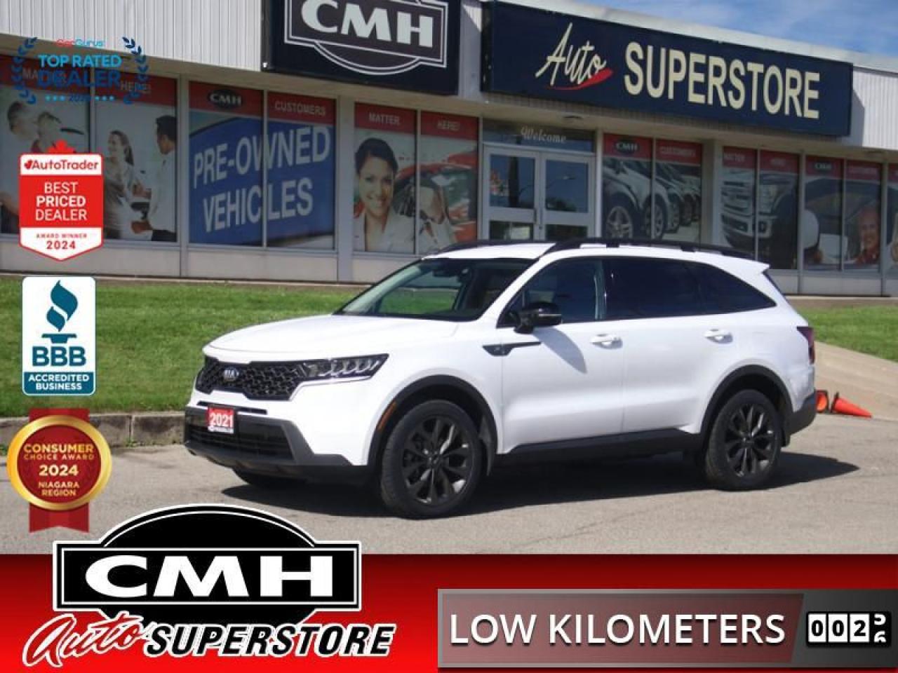 <b>ONLY 52,000 KMS !! AWD !! REAR CAMERA, PARKING SENSORS, ADAPTIVE CRUISE CONTROL, LANE DEPARTURE, BLIND SPOT, APPLE CARPLAY, ANDROID AUTO, STEERING WHEEL CONTROLS, POWER DRIVER SEAT, HEATED SEATS, HEATED STEERING WHEEL, 6 PASSENGER, 20-INCH ALLOY WHEELS</b><br>  <br>CMH certifies that all vehicles meet DOUBLE the Ministry standards for Brakes and Tires<br><br> <br>    This  2021 Kia Sorento is for sale today. <br> <br>This 2021 Kia Sorento is a classy, comfortable, and capable SUV built to be the perfect family hauler. It boasts one of the best designed and built interiors within its class, and an elegant exterior design that is sure to capture attention. It delivers responsive handling, while also being very restrained and supple regardless of the road condition. This Kia Sorento does just about everything with grace, confidence and style.This  SUV has 51,832 kms. Its  white in colour  . It has an automatic transmission and is powered by a  281HP 2.5L 4 Cylinder Engine. <br> <br> Our Sorentos trim level is X-Line. This all wheel drive Sorento is full of style and convenience on the outside with larger unique aluminum wheels, metal-look exterior trim accents, and automatic LED lighting. The tech and style continue inside with Android Auto, Apple CarPlay, heated seats, remote keyless entry, collision mitigation, and lane keep assist. This X-Line has a bigger motor, performance brakes, a heated steering wheel, proximity keys, dual zone front HVAC, separate rear HVAC, parking sensors, bridge style roof rails and blind spot assistance. This vehicle has been upgraded with the following features: Alloy Wheels,  Heated Steering Wheel,  Blind Spot Assist,  Lane Keep Assist,  Collision Mitigation,  Heated Seats,  Apple Carplay. <br> <br>To apply right now for financing use this link : <a href=https://www.cmhniagara.com/financing/ target=_blank>https://www.cmhniagara.com/financing/</a><br><br> <br/><br>Trade-ins are welcome! Financing available OAC ! Price INCLUDES a valid safety certificate! Price INCLUDES a 60-day limited warranty on all vehicles except classic or vintage cars. CMH is a Full Disclosure dealer with no hidden fees. We are a family-owned and operated business for over 30 years! o~o