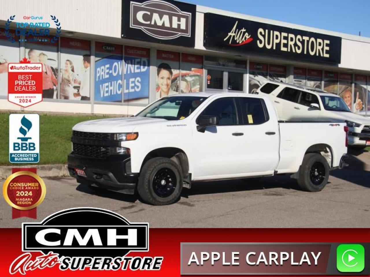 <b>V6 4X4 !! REAR CAMERA, APPLE CARPLAY, ANDROID AUTO, BLUETOOTH, 7-IN TOUCH SCREEN, STEERING WHEEL CONTROLS, CRUISE CONTROL, SOFT OPEN TAILGATE, USB-C + USB PORTS, POWER GROUP, AIR CONDITIONING, TRAILERING PACKAGE, REAR WINDOW DEFOGGER, 17-IN STEEL WHEELS</b><br>  <br>CMH certifies that all vehicles meet DOUBLE the Ministry standards for Brakes and Tires<br><br> <br>    This  2021 Chevrolet Silverado 1500 is for sale today. <br> <br>The Chevy Silverado 1500 is functional and ergonomic, suited for the work-site and or family life. Bold styling throughout gives it amazing curb appeal and a dominating stance on the road, while the its smartly designed interior keeps every passenger in superb comfort and connectivity on any trip. With brawn, brains and reliability, this pickup was built by truck people, for truck people, and comes from the family of the most dependable, longest-lasting full-size pickups on the road. This  Double Cab 4X4 pickup  has 148,760 kms. Its  summit white in colour  and is major accident free based on the <a href=https://vhr.carfax.ca/?id=bqQVk2/ZnwR46Y+J0odM90V/qpSfiYcg target=_blank>CARFAX Report</a> . It has an automatic transmission and is powered by a   4.3L V6 Cylinder Engine. <br> <br> Our Silverado 1500s trim level is Work Truck. This Chevrolet Silverado 1500 work truck comes with some excellent features that includes a 7 inch touchscreen display with Apple CarPlay and Android Auto, Chevrolet MyLink and bluetooth streaming audio, cruise control and easy to clean rubber floors. Additionally, this pickup truck also comes with a locking tailgate, a rear vision camera, StabiliTrak, air conditioning and teen driver technology. This vehicle has been upgraded with the following features: Apple Carplay,  Android Auto,  Cruise Control,  Rear View Camera,  Touch Screen,  Streaming Audio,  Teen Driver. <br> <br>To apply right now for financing use this link : <a href=https://www.cmhniagara.com/financing/ target=_blank>https://www.cmhniagara.com/financing/</a><br><br> <br/><br>Trade-ins are welcome! Financing available OAC ! Price INCLUDES a valid safety certificate! Price INCLUDES a 60-day limited warranty on all vehicles except classic or vintage cars. CMH is a Full Disclosure dealer with no hidden fees. We are a family-owned and operated business for over 30 years! o~o