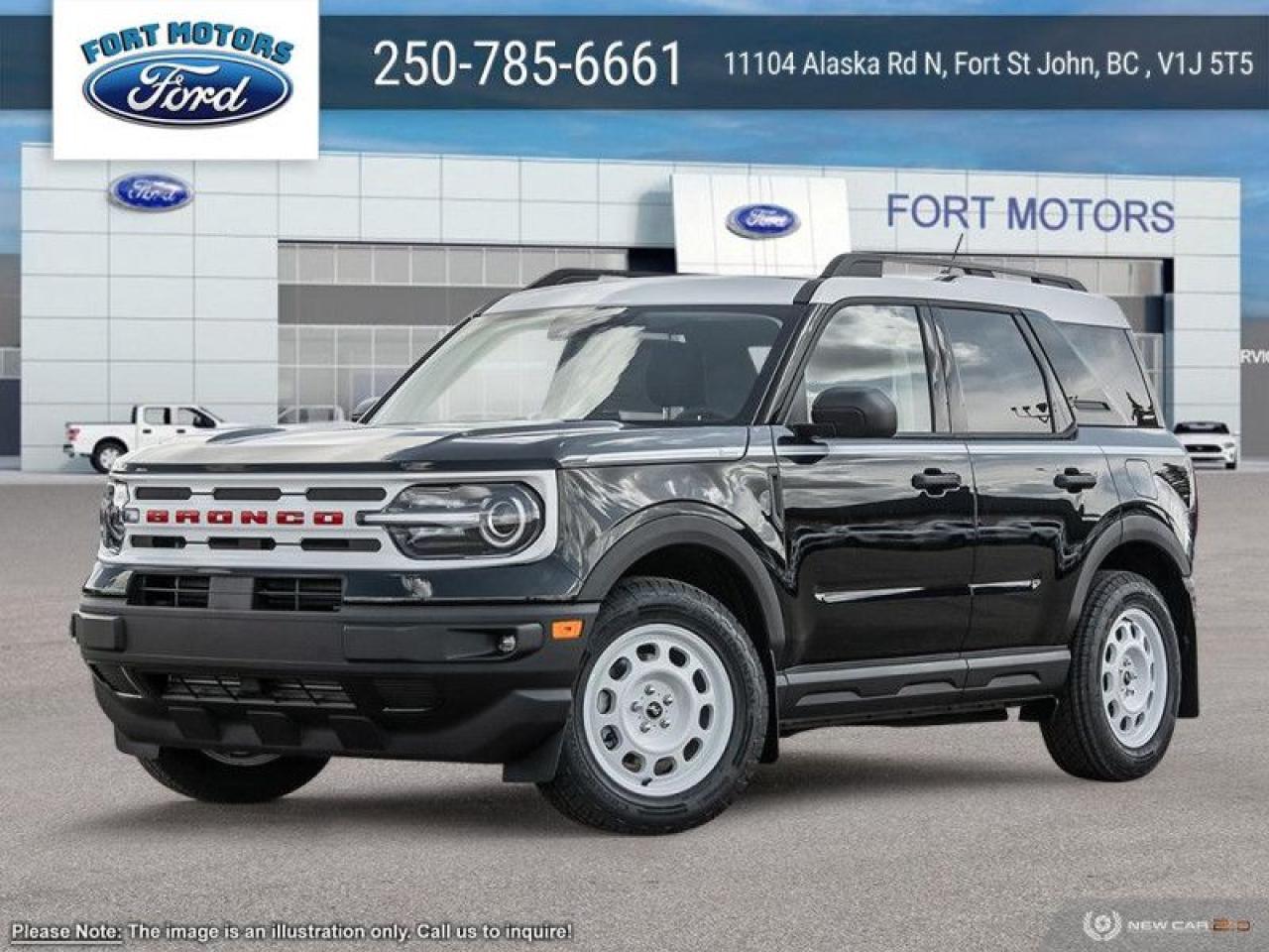 <b>Sunroof, Ford Co-Pilot360 Assist+, Wireless Charging, 8-way Power Drivers Seat!</b><br> <br>   This 2024 Ford Bronco Sport is no rip-off of its bigger brother; its an off road-capable and versatile compact SUV. <br> <br>A compact footprint, an iconic name, and modern luxury come together to make this Bronco Sport an instant classic. Whether your next adventure takes you deep into the rugged wilds, or into the rough and rumble city, this Bronco Sport is exactly what you need. With enough cargo space for all of your gear, the capability to get you anywhere, and a manageable footprint, theres nothing quite like this Ford Bronco Sport.<br> <br> This shadow black SUV  has a 8 speed automatic transmission and is powered by a  181HP 1.5L 3 Cylinder Engine.<br> <br> Our Bronco Sports trim level is Heritage. This Bronco Sport Heritage comes standard with unique aluminum wheels, class II towing equipment with a hitch and trailer sway control, heated cloth front seats that feature power lumbar adjustment, and SiriusXM streaming radio. Also standard include voice-activated automatic air conditioning, 8-inch SYNC 3 powered infotainment screen with Apple CarPlay and Android Auto, smart charging USB type-A and type-C ports, 4G LTE mobile hotspot internet access, proximity keyless entry with remote start, and a robust terrain management system that features the trademark Go Over All Terrain (G.O.A.T.) driving modes. Additional features include blind spot detection, rear cross traffic alert and pre-collision assist with automatic emergency braking, lane keeping assist, lane departure warning, forward collision alert, driver monitoring alert, a rear-view camera, and so much more. This vehicle has been upgraded with the following features: Sunroof, Ford Co-pilot360 Assist+, Wireless Charging, 8-way Power Drivers Seat. <br><br> View the original window sticker for this vehicle with this url <b><a href=http://www.windowsticker.forddirect.com/windowsticker.pdf?vin=3FMCR9G69RRF34723 target=_blank>http://www.windowsticker.forddirect.com/windowsticker.pdf?vin=3FMCR9G69RRF34723</a></b>.<br> <br>To apply right now for financing use this link : <a href=https://www.fortmotors.ca/free-credit-check/ target=_blank>https://www.fortmotors.ca/free-credit-check/</a><br><br> <br/><br>Come down to Fort Motors and take it for a spin!<p><br> Come by and check out our fleet of 30+ used cars and trucks and 200+ new cars and trucks for sale in Fort St John.  o~o