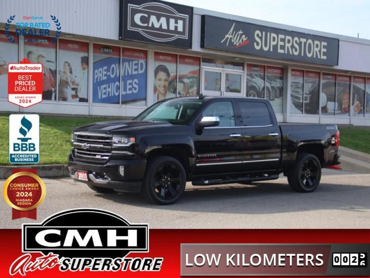 <b>ONLY 33,000 KMS !! VERY CLEAN !! Z71 4X4 !! REAR CAMERA, PARKING SENSORS, COLLISION SENSORS, LANE SENSING, APPLE CARPLAY, ANDROID AUTO, SUNROOF, LEATHER, POWER SEATS, COOLED/HEATED SEATS, HEATED STEERING WHEEL, REMOTE START, TOW CTRL, 22-IN ALLOYS<br></b><br>  <br>CMH certifies that all vehicles meet DOUBLE the Ministry standards for Brakes and Tires<br><br> <br>    This  2017 Chevrolet Silverado 1500 is for sale today. <br> <br>This Chevy Silverado has the strength, capability and advanced technology that stand the test of time and the test of miles. This trucks capability is defined by a powertrain thats both powerful and efficient. Tough, proven, high-strength steel that provides high-strength dependability raises the bar even higher. This Silverado is brawn, brains, and reliability brought together in one powerful pickup you can trust. This low mileage  Crew Cab 4X4 pickup  has just 32,456 kms. Its  black in colour  . It has an automatic transmission and is powered by a  355HP 5.3L 8 Cylinder Engine. <br> <br> Our Silverado 1500s trim level is LTZ. The Silverado 1500 LTZ is as smart as it is strong, offering technology to keep you connected like OnStar with 4G LTE, Chevy MyLink with an 8 inch color touchscreen and bluetooth streaming audio. Comfort and convenience features include a rear vision camera with dynamic guide lines, 60/40 folding bench rear seat, remote vehicle start system, stylish aluminum wheels, an EZ lift and lower tailgate plus it even comes with power heated front seats that allow for 2 memory settings. This vehicle has been upgraded with the following features: Remote Engine Start,  Heated Seats,  Rear View Camera,  Bluetooth,  Touch Screen. <br> <br>To apply right now for financing use this link : <a href=https://www.cmhniagara.com/financing/ target=_blank>https://www.cmhniagara.com/financing/</a><br><br> <br/><br>Trade-ins are welcome! Financing available OAC ! Price INCLUDES a valid safety certificate! Price INCLUDES a 60-day limited warranty on all vehicles except classic or vintage cars. CMH is a Full Disclosure dealer with no hidden fees. We are a family-owned and operated business for over 30 years! o~o