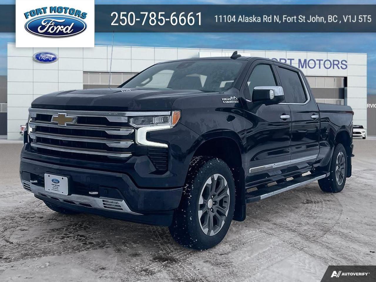 <b>Leather Seats,  Aluminum Wheels,  Wireless Charging,  Memory Seats,  Premium Audio!</b><br> <br>  Compare at $69675 - Our Price is just $66995! <br> <br>   This Chevrolet Silverado is a highly refined truck created to be as comfortable as it is capable. This  2022 Chevrolet Silverado 1500 is for sale today in Fort St John. <br> <br>Redesigned in 2022 this Chevy Silverado 1500 is functional and ergonomic, suited for the work-site or family life. Bold styling throughout gives it amazing curb appeal and a dominating stance on the road, while the its smartly designed interior keeps every passenger in superb comfort and connectivity on any trip. With brawn, brains and reliability, this muscular pickup was built by truck people, for truck people, and comes from the family of the most dependable, longest-lasting full-size pickups on the road. This  Crew Cab 4X4 pickup  has 33,405 kms. Its  grey in colour  . It has a 10 speed automatic transmission and is powered by a  420HP 6.2L 8 Cylinder Engine. <br> <br> Our Silverado 1500s trim level is High Country. This top of the line Silverado 1500 High Country is the pinnacle trim from Chevrolet and was designed to reward you with the best truck on the market. This fully loaded truck comes with premium leather seats with exclusive stitching and authentic open-pore wood trim, unique aluminum wheels, and Chevrolets Premium Infotainment 3 system thats paired with a larger touchscreen display, wireless Apple CarPlay and Android Auto, 4G LTE hotspot and SiriusXM. Additional high end features include a BOSE premium audio system, a spray-in bedliner, wireless device charging, remote engine start, blind spot detection with trailer side detection, forward collision warning with automatic braking, intellibeam LED headlights, a leather wrapped steering wheel, lane keep assist, Teen Driver technology, trailer hitch guidance and a HD 360 surround vision camera plus so much more! This vehicle has been upgraded with the following features: Leather Seats,  Aluminum Wheels,  Wireless Charging,  Memory Seats,  Premium Audio,  Wireless Charging,  Power Tailgate. <br> <br>To apply right now for financing use this link : <a href=https://www.fortmotors.ca/free-credit-check/ target=_blank>https://www.fortmotors.ca/free-credit-check/</a><br><br> <br/><br><br> Come by and check out our fleet of 30+ used cars and trucks and 200+ new cars and trucks for sale in Fort St John.  o~o