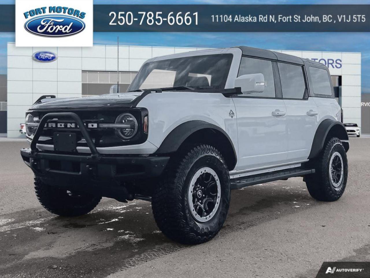 <b>Leather Seats, 360-Degree Camera, Wireless Charging, Heated Steering Wheel, Adaptive Cruise Control!</b><br> <br>   Carrying on the legendary legacy, this 2024 Ford Bronco defies all odds to take you on the best of adventures off-road. <br> <br>With a nostalgia-inducing design along with remarkable on-road driving manners with supreme off-road capability, this 2024 Ford Bronco is indeed a jack of all trades and masters every one of them. Durable build materials and functional engineering coupled with modern day infotainment and driver assistive features ensure that this iconic vehicle takes on whatever you can throw at it. Want an SUV that can genuinely do it all and look good while at it? Look no further than this 2024 Ford Bronco!<br> <br> This oxford white SUV  has a 10 speed automatic transmission and is powered by a  275HP 2.3L 4 Cylinder Engine.<br> <br> Our Broncos trim level is Outer Banks. This Bronco Outer Banks takes things to a whole new level, with polished aluminum wheels, body colored fender flares, door handles and power heated side mirrors, along with LED headlights with high beam assist, front fog lights, and upgraded LED brake lights. This rugged off-roader also treats you with amazing comfort and connectivity features that include heated front seats, remote engine start, dual-zone climate control, front and rear cupholders, and an upgraded infotainment system with Apple CarPlay, Android Auto, SiriusXM and inbuilt navigation, to get you back home from your off-road adventures. Road safety is assured thanks to a suite of systems including blind spot detection, pre-collision assist with pedestrian detection and cross-traffic alert, lane keeping assist with lane departure warning, rear parking sensors, and driver monitoring alert. Additional features include proximity keyless entry with push button start, trail control, trail turn assist, and so much more. This vehicle has been upgraded with the following features: Leather Seats, 360-degree Camera, Wireless Charging, Heated Steering Wheel, Adaptive Cruise Control. <br><br> View the original window sticker for this vehicle with this url <b><a href=http://www.windowsticker.forddirect.com/windowsticker.pdf?vin=1FMDE8BH6RLA86796 target=_blank>http://www.windowsticker.forddirect.com/windowsticker.pdf?vin=1FMDE8BH6RLA86796</a></b>.<br> <br>To apply right now for financing use this link : <a href=https://www.fortmotors.ca/free-credit-check/ target=_blank>https://www.fortmotors.ca/free-credit-check/</a><br><br> <br/><br>Come down to Fort Motors and take it for a spin!<p><br> Come by and check out our fleet of 20+ used cars and trucks and 230+ new cars and trucks for sale in Fort St John.  o~o