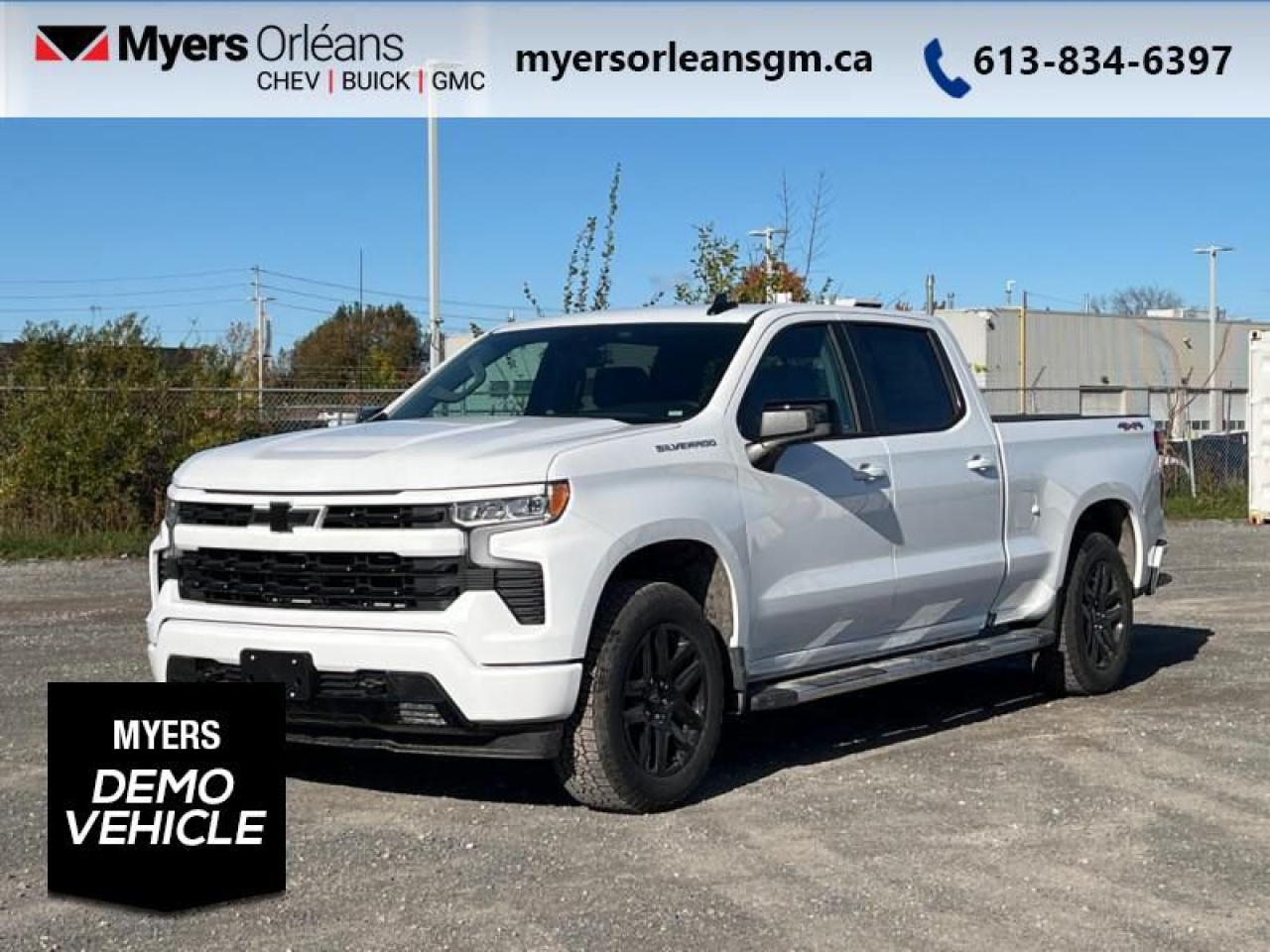 <b>Heated Seats, Heated Steering Wheel, Remote Start, Climate Control, Trailering Package, Aluminum Wheels, Remote Start, Automatic Emergency Braking, Lane Keep Assist, Lane Departure Warning, Forward Collision Alert, Apple CarPlay, Android Auto</b><br> <br> <br> <br>For more than 80 years, the Myers Automotive Group has brought exceptional vehicles and world-class service to drivers in the Ottawa area. Myers Orleans Chevrolet Buick GMC is proud to serve Greater Ottawa, and to continue the tradition of excellence that the Myers name is known for. We are your trusted and professional choice since 1942!<br> <br>  Astoundingly advanced and exceedingly premium, this 2025 Chevrolet Silverado 1500 is designed for pickup excellence. <br> <br>This 2025 Chevrolet Silverado 1500 stands out in the midsize pickup truck segment, with bold proportions that create a commanding stance on and off road. Next level comfort and technology is paired with its outstanding performance and capability. Inside, the Silverado 1500 supports you through rough terrain with expertly designed seats and robust suspension. This amazing 2025 Silverado 1500 is ready for whatever.<br> <br> This summit white Crew Cab 4X4 pickup   has an automatic transmission and is powered by a  355HP 5.3L 8 Cylinder Engine.<br> <br> Our Silverado 1500s trim level is RST. This trim steps things up with heated front seats, a heated steering wheel and dual-zone climate control, along with a trailering package, remote start, aluminum wheels, hitch guidance, a power locking EZ lift tailgate, and an upgraded 13.4-inch infotainment display with navigation capability, Apple CarPlay and Android Auto. Safety features also include lane keep assist with lane departure warning, following distance indication, forward collision alert, and automatic emergency braking with front pedestrian braking. This is a demonstrator vehicle driven by a member of our staff, so we can offer a great deal on it.<br><br> <br>To apply right now for financing use this link : <a href=https://www.myersorleansgm.ca/FinancePreQualForm target=_blank>https://www.myersorleansgm.ca/FinancePreQualForm</a><br><br> <br/> Total  rebate of $6000 is reflected in the price.   Incentives expire 2025-06-02.  See dealer for details. <br> <br>At Myers Orleans Chevrolet, youll find an impressive inventory of brand-new Chevrolet, Buick, and GMC vehicles. But we dont stop there! We also offer an amazing array of gently-used cars, trucks, and SUVs from Chevrolet, as well as a selection of alternate-brand used vehicles from some of Canadas favourite auto makers. When you choose to shop with Myers, youre not limited to what you can find on our well-appointed lot. Youve got the resources of an entire automotive group at your fingertips! Our friendly, no-pressure sales team will go through your list of must-haves, and will match you with the vehicle from Myers that checks off all the right boxes.<br> Come by and check out our fleet of 80+ used cars and trucks and 140+ new cars and trucks for sale in Orleans.  o~o