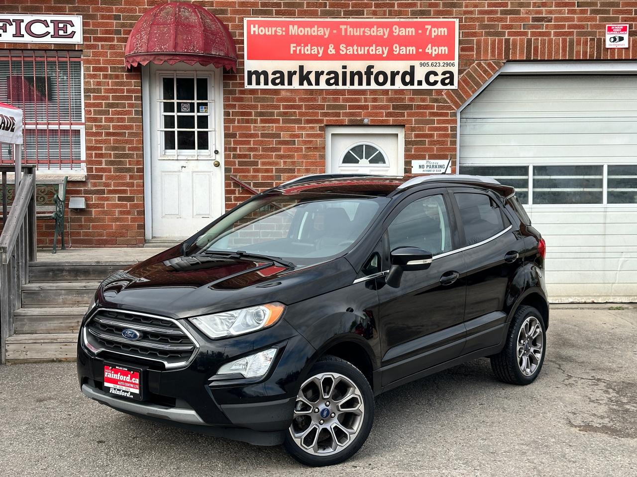 <p>Super-Clean LOW KM Ford EcoSport from Port Hope, ON! This Titanium 4WD model looks great in its Black paint and has fantastic options inside and out! The exterior features keyless entry with proximity keys, a factory power sunroof, automatic headlights, foglights, colour-matched side mirrors with integrated mirror turn signals, roof rack rails, a set of gorgeous machine-finished factory alloy wheels, blind spot assist, a peppy fuel-efficient 2.0L 4-cylinder engine and automatic transmission powering the All-Wheel-Drive system! The interior is clean and comfortable with heated leather front seats with drivers power adjustment and lumbar control, power door locks, windows and mirrors, a heated leather-wrapped steering wheel with audio and cruise controls, push-button start, an easy-to-read and use gauge cluster, a large central touch screen AM/FM/XM Satellite HD Radio with Bluetooth, Apple CarPlay, Android Auto, Navigation, and Backup camera, A/C climate control with front and rear window defrost settings, auto stop-start override button, USB/12V accessory ports and more!</p><p> </p><p>Carfax Claims Free, Low-KM, and great options in a compact SUV!</p><p> </p><p>Call (905) 623-2906</p><p> </p><p>Text Ryan: (905) 429-9680 or Email: ryan@markrainford.ca</p><p> </p><p>Text Mark: (905) 431-0966 or Email: mark@markrainford.ca</p>