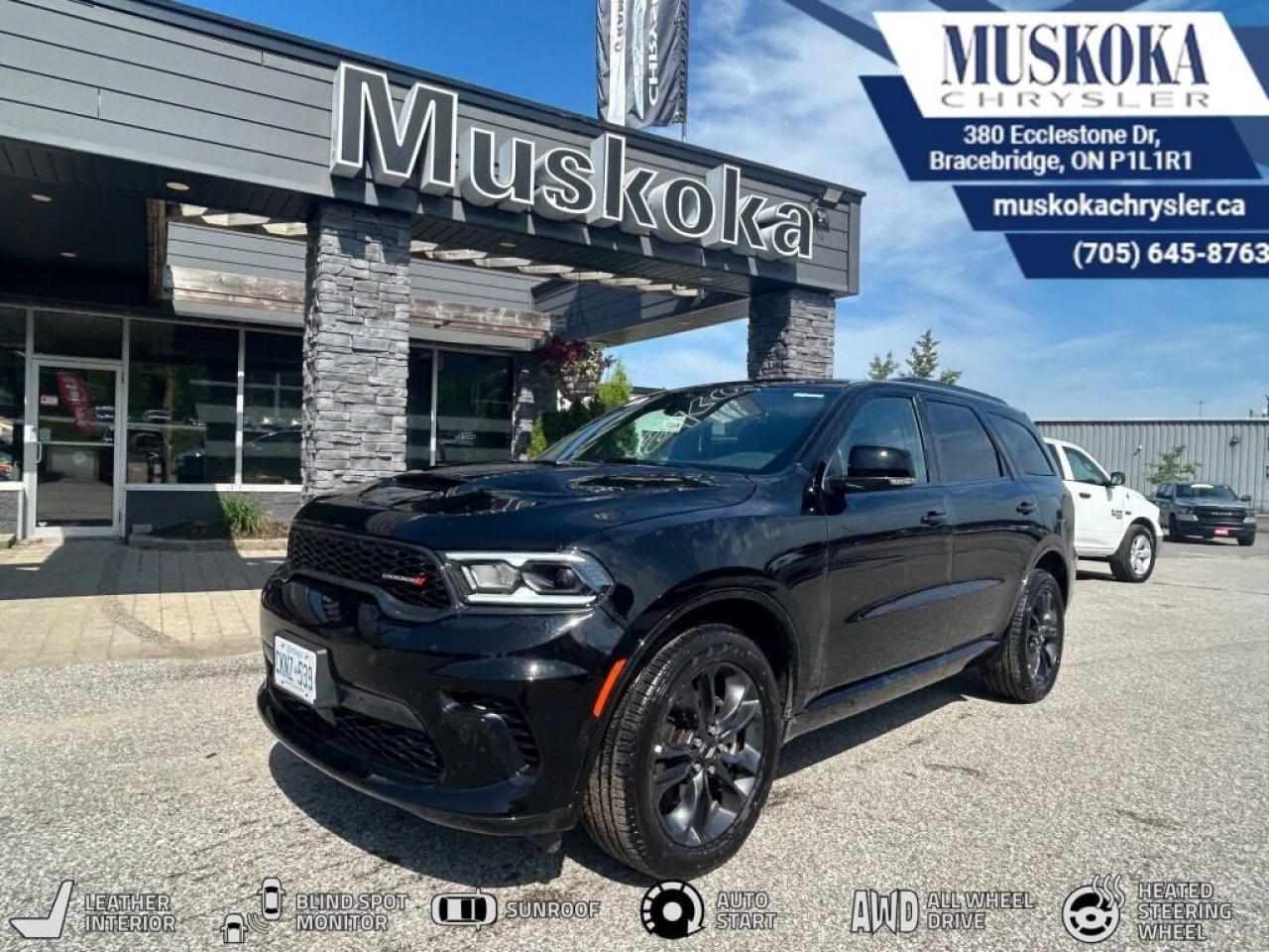 This DODGE DURANGO GT PLUS, with a 3.6L Pentastar V-6 engine engine, features a 8-speed automatic transmission, and generates 10 highway/13.5 city L/100km. Find this vehicle with only 15100 kilometers!  DODGE DURANGO GT PLUS Options: This DODGE DURANGO GT PLUS offers a multitude of options. Technology options include: 2 LCD Monitors In The Front, HD Radio, MP3 Capability, Satellite Radio.  Safety options include Speed Sensitive Rain Detecting Variable Intermittent Wipers, Airbag Occupancy Sensor, Curtain 1st, 2nd And 3rd Row Airbags, Driver Knee Airbag, Dual Stage Driver And Passenger Front Airbags.  Visit Us: Find this DODGE DURANGO GT PLUS at Muskoka Chrysler today. We are conveniently located at 380 Ecclestone Dr Bracebridge ON P1L1R1. Muskoka Chrysler has been serving our local community for over 40 years. We take pride in giving back to the community while providing the best customer service. We appreciate each and opportunity we have to serve you, not as a customer but as a friend