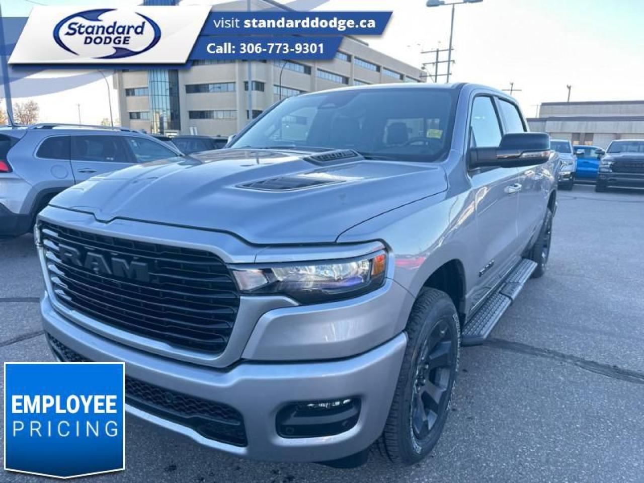 <b>Sport Performance Hood, Running Boards , Bed Utility Group!</b><br> <br> <br> <br>  Make light work of tough jobs in this 2025 Ram 1500, with exceptional towing, torque and payload capability. Includes 4 x Gatorback Mud Flaps!<br> <br> This billet metallic Crew Cab 4X4 pickup   has a 8 speed automatic transmission and is powered by a  420HP 3.0L Straight 6 Cylinder Engine.<br> <br> Our 1500s trim level is Sport. This Ram 1500 in Sport trim rewards you with front heated seats, a leather-wrapped heated steering wheel, a 360 camera system, a 10-speaker Alpine audio, and a 12-inch infotainment screen with inbuilt navigation, Apple CarPlay and Android Auto, and 4G LTE Wi-Fi hotspot. Additional features include class IV towing equipment, aluminum wheels, power adjustable pedals, intersection collision assist, evasion assist, lane keep assist with lane departure warning, and even more! This vehicle has been upgraded with the following features: Sport Performance Hood, Running Boards , Bed Utility Group. <br><br> View the original window sticker for this vehicle with this url <b><a href=http://www.chrysler.com/hostd/windowsticker/getWindowStickerPdf.do?vin=1C6SRFVP8SN618591 target=_blank>http://www.chrysler.com/hostd/windowsticker/getWindowStickerPdf.do?vin=1C6SRFVP8SN618591</a></b>.<br> <br>To apply right now for financing use this link : <a href=https://standarddodge.ca/financing target=_blank>https://standarddodge.ca/financing</a><br><br> <br/><br>* Visit Us Today *Youve earned this - stop by Standard Chrysler Dodge Jeep Ram located at 208 Cheadle St W., Swift Current, SK S9H0B5 to make this car yours today! <br> Pricing may not reflect additional accessories that have been added to the advertised vehicle<br><br> Come by and check out our fleet of 20+ used cars and trucks and 50+ new cars and trucks for sale in Swift Current.  o~o