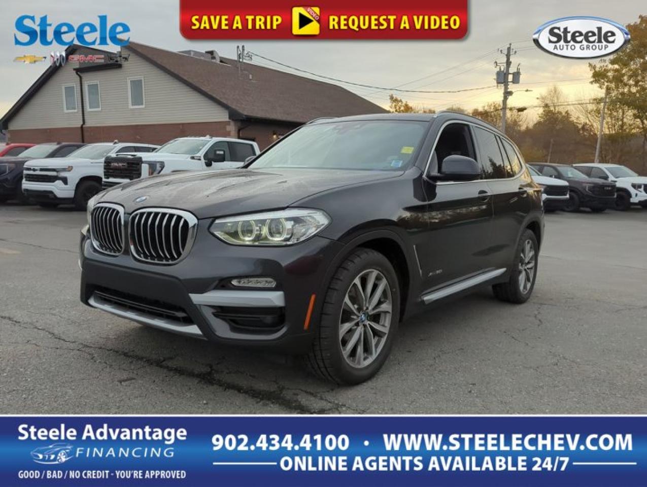 Our 2018 BMW X3 xDrive30i is happily shown in Jet Black offers unrivaled performance, creative innovations, and ultimate in versatility. Powered by a TurboCharged 2.0 Litre Twin Power 4 Cylinder that offers 248hp at your command with an 8 Speed Steptronic Automatic transmission for fantastic passing authority. Our All Wheel Drive Sport Activity Vehicle jets to 60mph in just 6.2 seconds while scoring approximately 8.1L/100km on the highway while boasting an athletic stance that is complemented by V Spoke alloy wheels, LED fog lights, privacy glass, a power tailgate, satin aluminum roof rails, a sunroof, and chrome tailpipe finishers. Take note of xDrive30i premium heated leather seating, ambient lighting, wood trim with chrome accents, 3-spoke leather-wrapped multi-function sport steering wheel, and power-adjustable front seats. Youll appreciate a wealth of amenities including advanced vehicle and key memory, automatic climate control, and rain-sensing wipers as you maintain a connection to your digital world via the iDrive interface, full-color navigation, Bluetooth®, and HiFi sound system with HD radio and available satellite radio. Enjoy versatility as the trunk expands when the rear seat is folded down; giving you multiple storage possibilities. Drive with confidence with BMW quality, and safety come standard with a multitude of innovative features including advanced airbags, active front headrests, a tire pressure monitor, and dynamic stability control. This X3 is an extraordinary blend of performance and utility that will exceed your expectations. Save this Page and Call for Availability. We Know You Will Enjoy Your Test Drive Towards Ownership! Steele Chevrolet Atlantic Canadas Premier Pre-Owned Super Center. Being a GM Certified Pre-Owned vehicle ensures this unit has been fully inspected fully detailed serviced up to date and brought up to Certified standards. Market value priced for immediate delivery and ready to roll so if this is your next new to your vehicle do not hesitate. Youve dealt with all the rest now get ready to deal with the BEST! Steele Chevrolet Buick GMC Cadillac (902) 434-4100 Metros Premier Credit Specialist Team Good/Bad/New Credit? Divorce? Self-Employed?