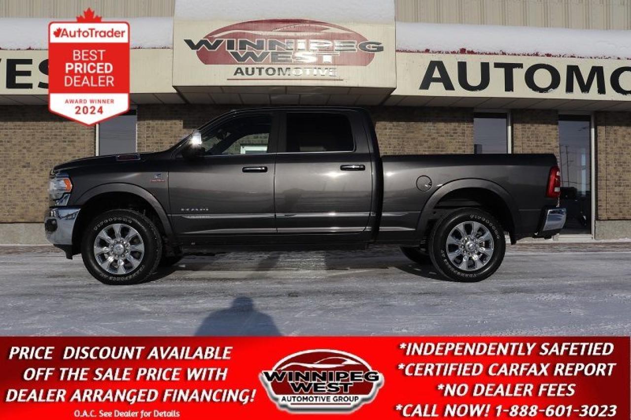 SALE PRICE: $72,800 **ASK US HOW TO RECEIVE A PRICE DISCOUNT WITH DEALER ARRANGED FINANCING O.A.C.** PLUS APPLICABLE TAXES. NO ADMINISTRATION FEES!!  
 
VERY RARE AND HIGHLY DESIRED BUILD & ABSOLUTELY STUNNING IN ALL RESPECTS, TOP OF THE LINE, LIMITED EDITION RAM 3500 WITH ALL OPTIONS, INCLUDING THE HIGH OUTPUT 6.7L CUMMINS ENGINE MATCHED TO THE AISIN HD TRANS, WHICH GIVES THIS TRUCK THE HIGHEST HORSEPOWER AVAILABLE AT 420HP AND AN AMAZING 1075 TQ!!! THIS ONE WILL PULL ANYTHING YOU WANT TO HOOK TO IT!! FINISHED IN GRANITE PEARL METALLIC THIS TRUCK IS STUNNING! TRULY EQUIPPED WITH ALL OPTIONS WITH A PERFECT HISTORY AND SHOWS LIKE NEW INSIDE AND OUT! THIS 2022 RAM 3500 CREW CAB LIMITED EDITION WITH 6.7L CUMMINS HO, 4x4, & AISIN EQUIPPED WITH ALL OPTIONS AND THEN SOME! BEAUTIFUL TRUCK, ONE OWNER ACCIDENT FREE! THAT IS READY TO ROLL!! THIS IS AN ABSOLUTE STUNNING LUXURY TRUCK THAT CAN HAUL ALMOST ANYTHING IN STYLE WITH ALL THE CREW AND/OR FAMILY!! THIS TRUCK WOULD BE WELL OVER $120,000 NEW TO REPLACE TODAY SO YOU SAVE BIG FOR A VERY LIGHTLY USED TRUCK!

- 6.7L High Output Cummins Turbo Diesel Producing a monstrous 420hp and 1,075 lb-ft torque
- 6 Speed HD Aisin Automatic Transmission 
- Auto 2-Stage 4x4 Transfer Case
- Anti spin rear diff with 3.73 Gear ratio
- Premium Double stitched Saddle grade Black Limited edition leather interior
- 5 Passenger Sport Bucket Seating with Full Size Center Console 
- Memory 10-Way Power Drivers and 6 -Way Power Passenger seat 
- Heated/Cooled seats and heated steering wheel
- Second Row Heated Seats with 2-USB Inputs and 400W 110 Volt Inverter (Regular Plug-In)
- Power Pedals 
- Digital rearview mirror
- Radio, driver seat, mirrors & pedals memory setting
- 2 Way power sunroof
- Huge 12" Uconnect 12.0 touchscreen Multi Media infotainment system with factory navigation
- Harmon Kardon 19 speaker audio with Satellite input
- Media hub with multi-port USB and AUX input 
- Android Auto and Apple Cap Play 
- 4G LTE WiFi hot spot
- Dual zone auto climate control with humidity sensor
- Rain sensing wipers
- Ramcharger wireless charging pad
- Key-less Go Proximity Keys with Push Button Start
- Factory Remote Start 
- Forward Collision Warning with Active Braking
- Adaptive Cruise Control with Stop
- Lane departure with lane keep
- Blind Spot and cross path detection
- Factory Tow package (HD GVW)
- 5th Wheel & Gooseneck Towing Prep Group
- Factory Power folding tow mirrors 
- Factory brake controller and Diesel exhaust Break 
- Trailer reverse guidance
- Protection Group (Tow hooks & case skid plates)
- Full Factory "Limited" Appearance Package
- Special Limited Satin Grill and accents, along with dash grill bezels and trim 
- Factory Power deployable running boards
- LED bed lighting
- Rood Clearance Lamps 
- Deploy-able bed step
- LED headlights, tail lamps and fog lights
- Front and Rear Park assist
- Birdseye view Camera and backup camera
- Cargo Camera
- Spray in Box liner
- Factory Rear auto leveling air suspension
- OEM Limited Edition High Polished premium 20 inch Alloy wheels with Firestone A/T Tires
- And So MUCH more - It really has everything!! ...

WHAT A SUPER RARE TRUCK IN THIS CONFIGURATION &IT IS  A TRULY GREAT LOOKING TRUCK! TOP OF THE LINE,  LIMITED EDITION WITH ALL OPTIONS!! THIS TRUCK WOULD BE WELL OVER $120,000 TO REPLACE TODAY SO YOU SAVE BIG! DONT WAIT AND MISS THIS GREAT DEAL!! STUNNING 2022 DODGE RAM 3500 CREW CAB LIMITED EDITION, TOP OF THE LINE RAM, WITH THE ICONIC 6.7L CUMMINS AND NOT JUST A CUMMINS BUT THE HO CUMMINS WITH 420HP AND 1075TQ (HIGH OUTPUT CUMMINS!) MATCHED TO THE BULLETPROOF AISIN HIGH TORQUE TRANSMISSION & 4x4, EQUIPPED WITH ALL OPTIONS AND MORE!! What a rare find!  Loaded with all options. Truly Beautiful and shows like new. Stunning one owner accident free truck. None nicer!!

Comes with a fresh Manitoba Safety Certification, A Clean, No Accident 1-owner CARFAX history, the balance of the Ram Cummins factory warranty and we have many unlimited km extended warranty options to choose from. ON SALE NOW (HUGE VALUE!!!) Zero down financing available OAC. Please see dealer for details. Trades accepted. View at Winnipeg West Automotive Group, 5195 Portage Ave. Dealer permit # 4365, Call now 1 (888) 601-3023.