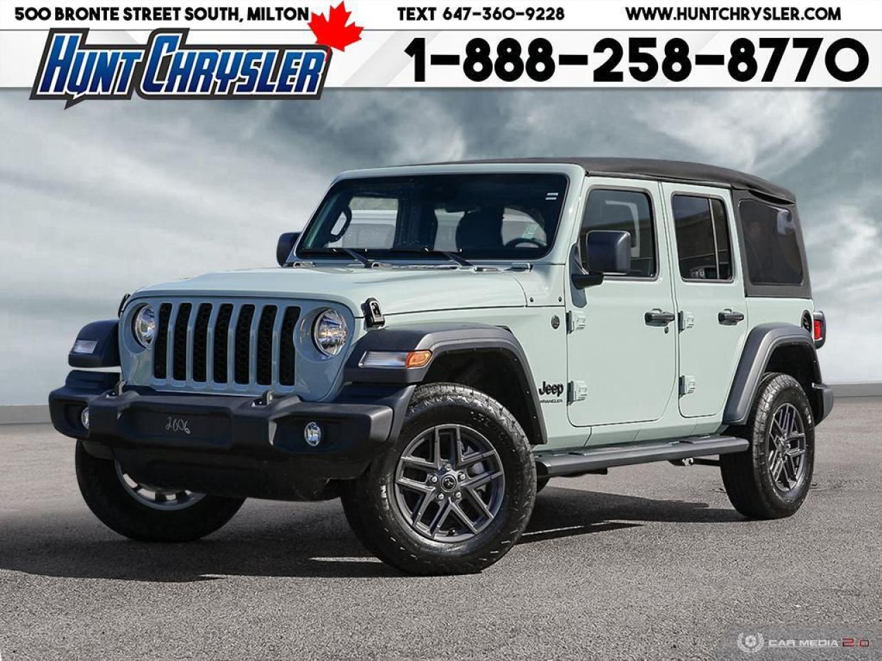 WHAT A DEAL!!!! LOOK AT ME!!!!!! 2024 JEEP WRANGLER SPORT S 4X4!!! This former Executive rental is equipped with a 2.0L Engine, Automatic Transmission, Premium Cloth Seating for Five, 17in Alloy Wheels, 12in Touchscreen with Rear Camera, CarPlay/Android, Forward Collision Warning, Side Steps, Heated Seats, Heated Steering, Remote Start, Dual Climate, Bluetooth, Push Button Start and so much more!! Are you on the Hunt for the perfect car in Ontario? Look no further than our car dealership! Our NON-COMMISSION sales team members are dedicated to providing you with the best service in town. Whether youre looking for a sleek pickup truck or a spacious family vehicle, our team has got you covered. Visit us today and take a test drive - we promise you wont be disappointed! Call 905-876-2580 or Email us at sales@huntchrysler.com