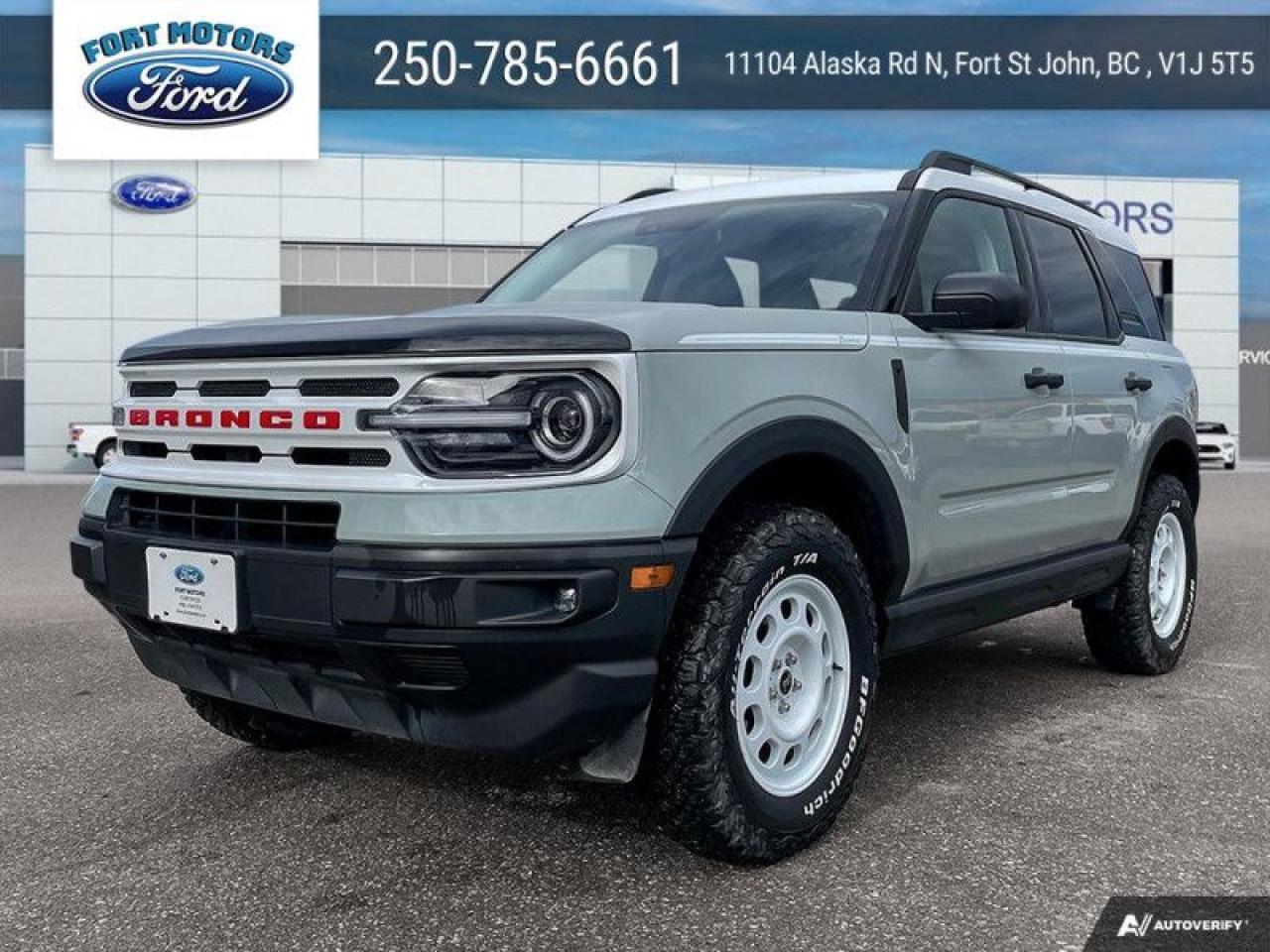 <b>Low Mileage, Wireless Charging, 8-way Power Drivers Seat!</b><br> <br>  Compare at $39520 - Our Price is just $38000! <br> <br>   Designed for every adventurer, this Bronco Sport gets you out into the wild, and back again. This  2023 Ford Bronco Sport is for sale today in Fort St John. <br> <br>A compact footprint, an iconic name, and modern luxury come together to make this Bronco Sport an instant classic. Whether your next adventure takes you deep into the rugged wilds, or into the rough and rumble city, this Bronco Sport is exactly what you need. With enough cargo space for all of your gear, the capability to get you anywhere, and a manageable footprint, theres nothing quite like this Ford Bronco Sport.This low mileage  SUV has just 6,866 kms. Its  cactus grey in colour  . It has a 8 speed automatic transmission and is powered by a  181HP 1.5L 3 Cylinder Engine. <br> <br> Our Bronco Sports trim level is Heritage. New for 2023, this Bronco Sport Heritage comes standard with unique aluminum wheels, class II towing equipment with a hitch and trailer sway control, heated cloth front seats that feature power lumbar adjustment, and SiriusXM streaming radio. Also standard include voice-activated automatic air conditioning, 8-inch SYNC 3 powered infotainment screen with Apple CarPlay and Android Auto, smart charging USB type-A and type-C ports, 4G LTE mobile hotspot internet access, proximity keyless entry with remote start, and a robust terrain management system that features the trademark Go Over All Terrain (G.O.A.T.) driving modes. Additional features include Ford Co-Pilot360 with blind spot detection, rear cross traffic alert and pre-collision assist with automatic emergency braking, lane keeping assist, lane departure warning, forward collision alert, driver monitoring alert, a rear view camera, and so much more. This vehicle has been upgraded with the following features: Wireless Charging, 8-way Power Drivers Seat. <br> To view the original window sticker for this vehicle view this <a href=http://www.windowsticker.forddirect.com/windowsticker.pdf?vin=3FMCR9G60PRD05828 target=_blank>http://www.windowsticker.forddirect.com/windowsticker.pdf?vin=3FMCR9G60PRD05828</a>. <br/><br> <br>To apply right now for financing use this link : <a href=https://www.fortmotors.ca/free-credit-check/ target=_blank>https://www.fortmotors.ca/free-credit-check/</a><br><br> <br/><br><br> Come by and check out our fleet of 30+ used cars and trucks and 210+ new cars and trucks for sale in Fort St John.  o~o