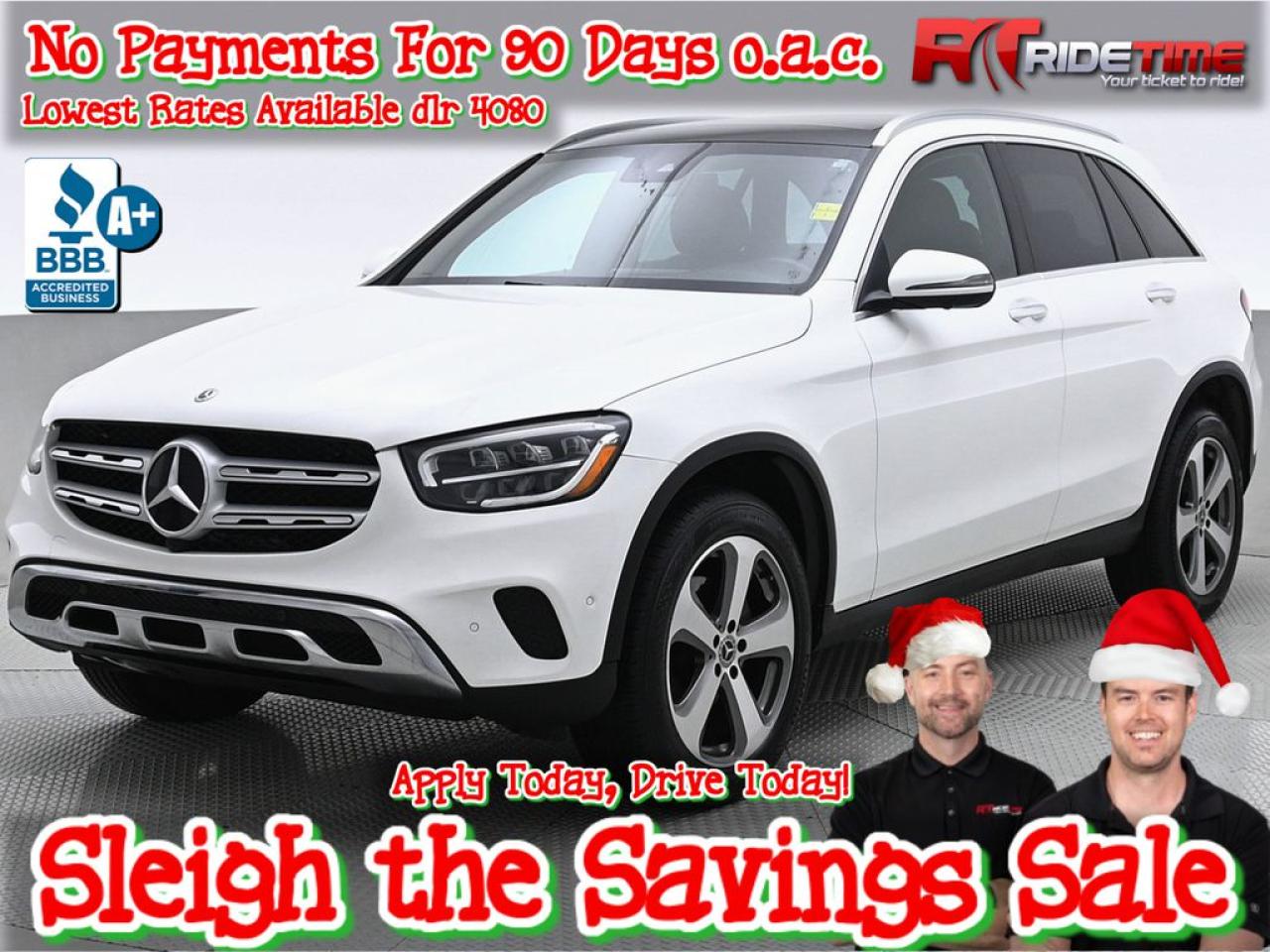 Hey friend!  Welcome to Ride Times Sleigh the Savings Sale!  This December, were bringing you festive deals and massive savings on top-quality used cars. At Ride Time, we know the holidays are the perfect time to treat yourselfso weve wrapped up some incredible offers to make it happen during our Sleigh the Savings Sale!  Discover Your Perfect Ride:  Explore our collection of 80-120 high-quality vehicles, each carefully selected to fit all styles and budgets. With most options priced under $30,000, youll find the perfect car to make your holiday season shine.  Unbeatable Holiday Offers:  Weve decked the halls with monstrous savings this December. Whether youre upgrading or buying your first car, youll get more value and less stress with every deal.  Joyful Financing Options:  Take advantage of $0 down, instant approvals, and No Payments until 2025 OAC. Were making sure your car-buying journey is as smooth as sleighing down a snowy hill.  Quality You Can Trust, All Season Long:  Every vehicle in our inventory goes through a rigorous safety inspection that exceeds provincial standards and comes with a detailed CarFax report. Plus, with our Oil 4 Life Program, youll keep your ride in top condition long after the holidays.  Connect Your Way (Before the Deals Disappear!):  Ready to secure your deal?  Text us at 204-813-6507  Browse our selection online at fast.ridetime.ca  Visit us in person or chat with us on Facebook Messenger m.me/ridetime.  Focus on What Matters:  The Sleigh the Savings Sale is all about making this holiday season merry and bright with reliable, affordable, and road-ready vehicles at prices youll love.  Dont let these deals vanishjoin us for the Sleigh the Savings Sale and drive away in the perfect car for the holidays!  DLR 4080  2022 Mercedes-Benz GLC 300 4MATIC 2.0L Turbo 4 Cylinder MANUFAKTUR Diamond White Metallic  Leather, Dual Moonroof, Bluetooth, Navigation, Dual Zone AC, Satellite Radio, 19 Alloy Wheels Back-Up Camera, Power Front Seats, Paddle Shifter, Memory Seat, Power Trunk, Remote Engine Start, Cruise Control, Blind Spot Sensor, Front Heated Seats, Rear Ventilation, LED Headlights, Parking Sensors, 18 Alloy Wheels, Electronic Stability Program, Tire Pressure Monitoring, Engine Turbocharger, Cargo Cover Interior, Wheel Opening Moldings, Heated Mirros, Floor Mats, Hands Free Communication, Turn signal indicator mirrors, Roof Rack.  Why Buy From Ride Time?  At Ride Time, we pride ourselves on offering the best value and service to our customers. Here are just a few of the reasons why you should buy from us:  SAFETY AND CERTIFICATION: Our certified technicians inspect every inch of our used vehicles to ensure they meet Manitoba safety requirements and are Ride Time Certified. We also ensure that our vehicles meet the safety standards of any province you may be from before shipping.  USED CARS IN THE BEST CONDITION: We employ the top talent in our detailing department to make sure every used car we sell looks and feels brand new.  GUARANTEED BEST PRICES: We were one of the first used car dealers in Canada to use third-party software to price our inventory, ensuring that our prices are always below market value. . FAIR TRADE-INS: We use industry-standard metrics and benchmarks to fairly price your trade-in, and well even buy it from you outright if you decide not to purchase from us.  NON-COMMISSIONED SALES STAFF: Our sales team is focused on meeting your needs, not our bottom line, so you can trust that youll get honest and fair service every step of the way.  EXTRA BONUSES: When you purchase from us, youll be enrolled in our Oil 4 Life Program*, which covers the cost of oil changes for the lifetime of your vehicle. Youll also be eligible to earn $300 for every successful referral. And if youre coming from out of town, we offer free airport pick-up and can ship your vehicle anywhere in the world.  Dont miss out on all these great benefits  contact us today to schedule a test drive or apply for financing through our website. Connect with us on Facebook Messenger for 24/7 assistance or text us anytime at 204-400-1965. We look forward to helping you find your dream car.  *for regular cars and trucks, diesel is extra.