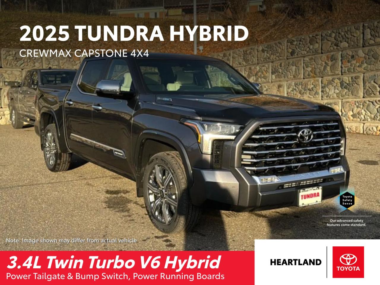 <p>Introducing the epitome of luxury and capability: the brand new 2025 Toyota Tundra CAPSTONE, available now at Heartland Toyota. This stunning pickup truck, finished in a sleek Magnetic Grey Metallic exterior and adorned with a sophisticated 25 Black/White interior, embodies the perfect blend of style and functionality.</p><p>The Tundra CAPSTONE boasts a powerful hybrid 6-cylinder engine, paired with an automatic transmission and 4-wheel drive, ensuring a smooth and confident ride on any terrain. Step inside and experience the plush leather seats, heated and cooled for ultimate comfort, and the advanced tech features that make every drive a joy.</p><p>The Tundra CAPSTONE is more than just a truck, its a statement. Experience the epitome of luxury and capability at Heartland Toyota, where youll discover a new definition of adventure.</p><p>Here are five of its most sizzling features:</p><ol><li><strong>Luxurious Interior:</strong> Indulge in the ultimate comfort with heated and cooled leather seats, a heated steering wheel, and a premium sound system, creating an oasis on the road.</li><li><strong>Advanced Technology:</strong> Stay connected and in control with features like navigation, lane keeping assist, blind spot monitoring, and a comprehensive suite of driver assistance features.</li><li><strong>Unmatched Capability:</strong> The hybrid powertrain delivers impressive power and efficiency, while the 4-wheel drive system ensures confident handling in all conditions.</li><li><strong>Power Retractable Running Boards:</strong> Ease of access and style merge seamlessly with the Tundra CAPSTONEs power retractable running boards, adding a touch of sophistication and practicality.</li><li><strong>Impressive Features:</strong> The Tundra CAPSTONE is packed with features like keyless entry, remote start, and a power drivers seat, making every journey a luxurious experience.</li></ol><p> </p>