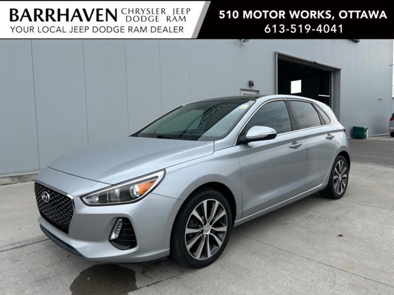 Just IN... One Owner 2019 Hyundai Elantra GT Luxury with Low KMs. Some of the Many Feature Options included in the Trim package are 2.0L L4 DOHC 16-valve Engine, 6-speed automatic transmission with manual mode, 16-inch alloy wheels, Panoramic Moonroof, Rear view camera, Blind Spot Warning, Premium cloth seats, Leather-wrapped steering wheel, Front heated seats, 60/40 rear split flat folding bench, Cooled glove box, 172-watt AM/FM stereo radio, Air conditioning, Apple Carplay / Android Auto, 8-inch touch screen display, Speed-sensitive volume control, Bluetooth Wireless Technology, Cruise Control, Heated steering wheel, Power windows with driver one-touch down feature, Steering wheel mounted control, Remote Keyless Entry, Single CD, SiriusXM satellite radio, IPod/USB/Auxiliary input jacks & More. The Elantra includes a Clean Car-Proof Free of any Insurance or Collision Claims. The Elantra has undergone a Complete Detail Cleaning and is all ready for YOU. Nobody deals like Barrhaven Jeep Dodge Ram, come and see us today and we will show you why!!   ADVERTISED SALE PRICE IS BASED ON FINANCE PURCHASE