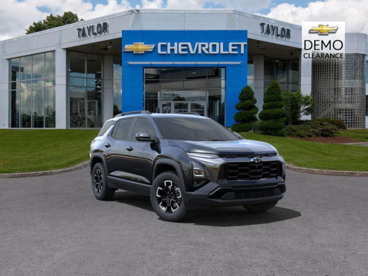 Wireless Charging,  Power Liftgate,  Heated Seats,  Heated Steering Wheel,  Remote Start!    Get the versatility of a compact SUV, with its impressive fuel economy in the Chevy Equinox.  This extremely competent Chevy Equinox is a rewarding SUV that doubles down on versatility, practicality and all-round reliability. The dazzling exterior styling is sure to turn heads, while the well-equipped interior is put together with great quality, for a relaxing ride every time. This 2025 Equinox is sure to be loved by the whole family.  This mosaic black metallic SUV  has an automatic transmission and is powered by a   1.5L 4 Cylinder Engine.  Our Equinoxs trim level is ACTIV. Standard features include wireless charging for mobile devices, a power liftgate for rear cargo access, heated front seats, a heated steering wheel, wireless Apple CarPlay and Android Auto, remote engine start, and adaptive cruise control. Safety features also include lane keeping assist with lane departure warning, rear park assist, front pedestrian braking, and collision alert. This vehicle has been upgraded with the following features: Wireless Charging,  Power Liftgate,  Heated Seats,  Heated Steering Wheel,  Remote Start,  Adaptive Cruise Control,  Blind Spot Detection.  This is a demonstrator vehicle driven by a member of our staff, so we can offer a great deal on it. To apply right now for financing use this link : https://www.taylorautomall.com/finance/apply-for-financing/  Weve discounted this vehicle $1250. See dealer for details.   LEASING:Estimated Lease Payment: $262 bi-weekly Payment based on 5.5% lease financing for 60 months with $0 down payment on approved credit. Total obligation $34,095. Mileage allowance of 16,000 KM/year. Offer expires 2025-07-31.HST, licensing, and Federal luxury tax (if applicable) are extra.  Come by and check out our fleet of 80+ used cars and trucks and 140+ new cars and trucks for sale in Kingston.  o~o