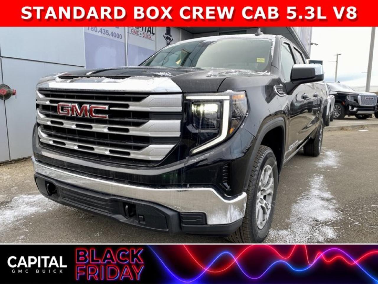 Take a look at this RARE Standard Box Sierra 1500 SLE Crew Cab! Equipped with the powerful 5.3L v8 engine and amazing options like the Preferred Package, Adaptive Cruise Control, Remote Start, Heated Steering, Heated Seats, Trailering Package, 13.4 inch infotainment screen, Wireless Apple CarPlay/Wireless Android Auto and so much more!Ask for the Internet Department for more information or book your test drive today! Text (or call) 780-435-4000 for fast answers at your fingertips!Disclaimer: All prices are plus taxes and include all cash credits and loyalties. See dealer for details. AMVIC Licensed Dealer # B1044900