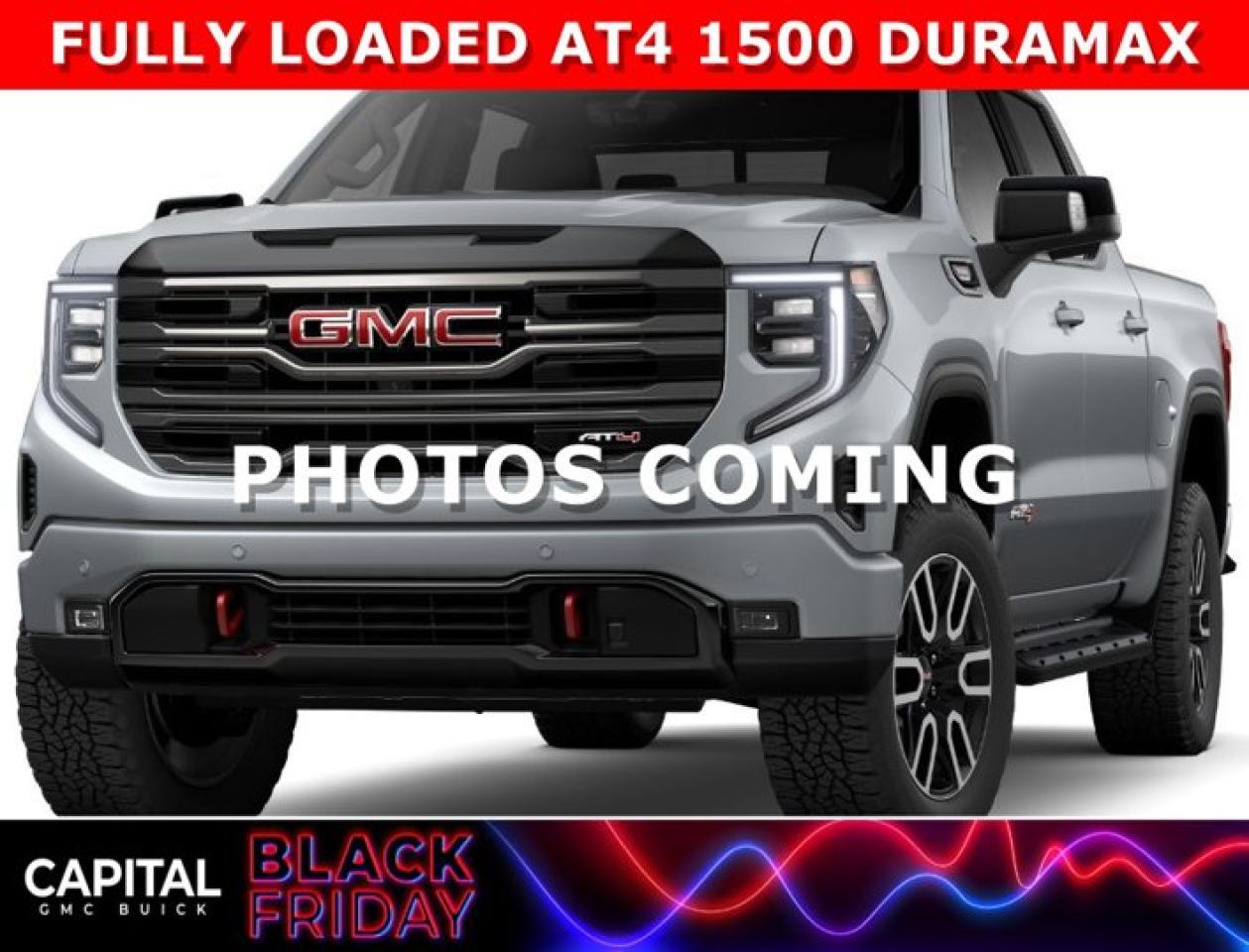 Take a look at this 2025 Sierra 1500 AT4 Duramax Diesel! Equipped with Technology Package, Premium Package, a 13.4 inch Premium Infotainment System, Rear Camera Mirror, 360 Cam, Adaptive Cruise, Off-road assist steps, Power Sunroof, Heads-up Display, Heated and Cooled Seats, Heated Steering, Remote Start, Bose Stereo, Wireless Charging and so much more.. Low Production unit so act fast!Ask for the Internet Department for more information or book your test drive today! Text 365-601-8318 for fast answers at your fingertips!Ask for the Internet Department for more information or book your test drive today! Text 365-601-8318 for fast answers at your fingertips!AMVIC Licensed Dealer - Licence Number B1044900Disclaimer: All prices are plus taxes and include all cash credits and loyalties. See dealer for details. AMVIC Licensed Dealer # B1044900