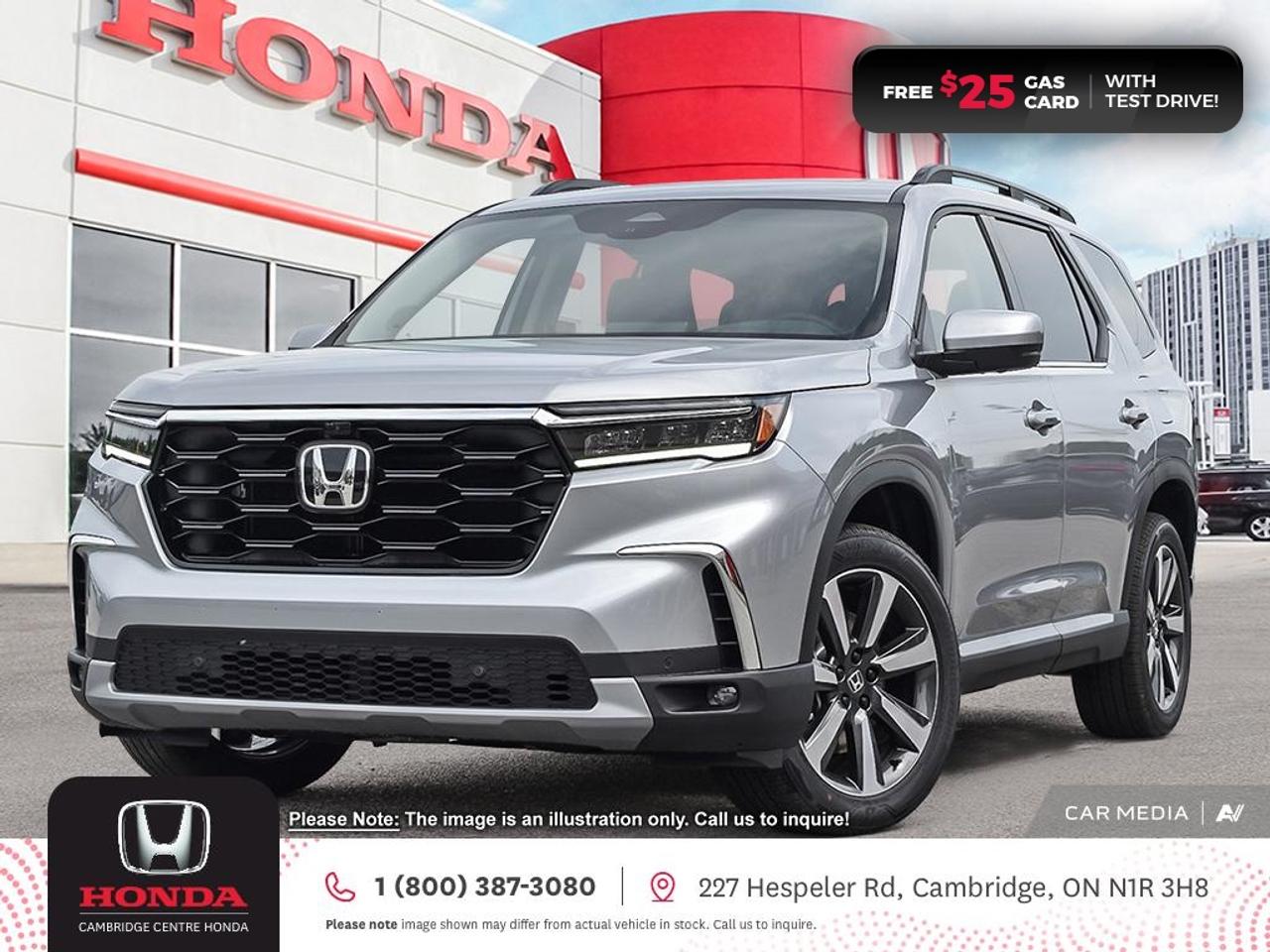<p><strong>The 2025 Honda Pilot Touring: Conquer Every Mile In Rugged Style</strong></p>

<p>The Honda Pilot sets the stage for your journey with a powerful 3.5-litre, 24-valve, Direct Injection, DOHC, i-VTEC® V6 engine paired with a seamless 10-speed automatic transmission, offering Shift-by-Wire precision and steering wheel-mounted paddle shifters for an engaging driving experience.</p>

<p><strong>Power and Efficiency:</strong> Navigate any terrain with confidence, thanks to the Intelligent Variable Torque Management (i-VTM4) AWD system, Intelligent Traction Management System, and the efficient engine idle-stop feature, ensuring both stability and fuel efficiency for you and your passengers.</p>

<p><strong>Entertainment on the Go:</strong> Keep your passengers entertained with the Honda Blu-ray Rear Entertainment System, boasting a 9-inch display, integrated remote control, and wireless headset with personal surround sound. The HDMI® input jack and 115-volt power outlet offer versatility, connecting other devices to keep everyone engaged.</p>

<p><strong>Spacious Comfort for Eight:</strong> Enjoy the luxury of leather-trimmed seating for eight, ensuring ample room for all. Your passengers will relish the Tri-zone automatic climate control with an air-filtration system, heated and ventilated front seats, and heated second-row outboard seats.</p>

<p><strong>Advanced Navigation and Connectivity:</strong> Experience the convenience of the Honda Satellite-Linked Navigation System (GPS) with bilingual voice recognition, SiriusXM satellite radio, and seamless Apple CarPlay (Apple Auto) and Android Auto (Android Play) connectivity. Your smartphones key content is displayed on the Display Audio System with HondaLink, and Siri® Eyes Free compatibility is available for Apple users. The BOSE® Premium Sound System with 12 speakers, including a subwoofer, ensures an immersive audio experience.</p>

<p><strong>Key Features for Convenience:</strong> The proximity key entry system with pushbutton (push button) start streamlines your departure, while the remote engine starter ensures your Pilot is at the perfect temperature for every journey. Effortlessly navigate tight spots with the Pilot Tourings panoramic moonroof (sunroof) and body-coloured front and rear parking sensors. The auto-on/off projector-beam LED headlights, auto high beams, fog lights, and LED daytime running lights provide confident visibility.</p>

<p><strong>Safety First: </strong>Safety is paramount with the latest in Hondas safety technology, including Adaptive Cruise Control, Forward Collision Warning system, Collision Mitigation Braking system, Lane Departure Warning system, Rear Seat Reminder, Traffic Sign Recognition, Traffic Jam Assist, Vehicle Stability Assist, Lane Keeping Assist System and Road Departure Mitigation system, all designed to make your drive safer. For added peace of mind, the Blind Spot Information (BSI) system, Hill Start Assist and Rear Cross Traffic Monitor system keep an extra eye out for you.</p>

<p><em><strong><span style=color:#ff0000>Premium paint charge of $300 is not included on all colours/models.</span> </strong></em></p>

<p>Experience the Difference at Cambridge Centre Honda! Why Test Drive Here? You choose: drive with a sales person or on your own, extended overnight and at home test drives available. Why Purchase Here? VIP Coupon Booklet: up to $1000 in service & other savings, FREE Ontario-Wide Delivery. Cambridge Centre Honda proudly serves customers from Cambridge, Kitchener, Waterloo, Brantford, Hamilton, Waterford, Brant, Woodstock, Paris, Branchton, Preston, Hespeler, Galt, Puslinch, Morriston, Roseville, Plattsville, New Hamburg, Baden, Tavistock, Stratford, Wellesley, St. Clements, St. Jacobs, Elmira, Breslau, Guelph, Fergus, Elora, Rockwood, Halton Hills, Georgetown, Milton and all across Ontario!</p>
