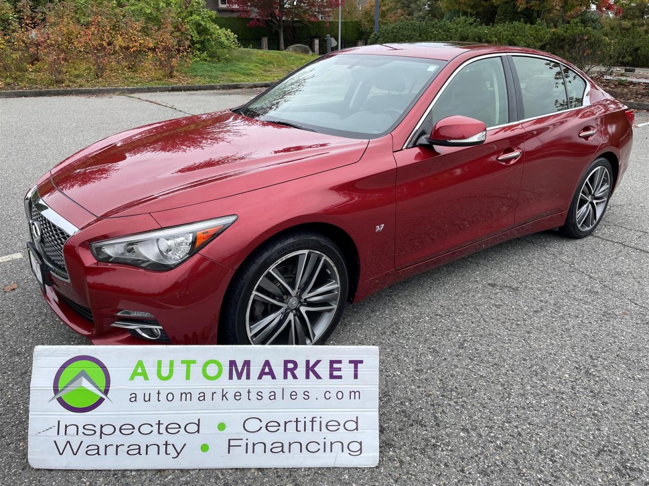 LOCAL ONE OWNER AND VERY WELL SERVICE. LOADED Q50 PREMIUM WITH AWD, V6, LEATHER, SUNROOF, FINANCING, WARRANTY, INSPECTED W/BCAA MEMBERSHIP!<br /><br />Welcome to the Automarket, your community financing dealership of "YES". We are featuring a stunning condition AWD Q50 Premium Package with low km's and no major claims at all. This candy Apple red sport sedan is loaded with Heated Leather and Power Seats, Power Sunroof, Keyless Go, Alloy Wheels. AWD and the smooth and Powerful V6.<br /><br />Having been fully inspected, we know that the Brakes are brand new both on the front and the rear, the tires are 50% new on all 4 corners and we tested the Battery, the Coolant and changed the oil. We also completely detailed the vehicle for your enjoyment and Peace of Mind.<br /><br />2 LOCATIONS TO SERVE YOU, BE SURE TO CALL FIRST TO CONFIRM WHERE THE VEHICLE IS PARKED<br />WHITE ROCK 604-542-4970 LANGLEY 604-533-1310 OWNER'S CELL 604-649-0565<br /><br />We are a family owned and operated business since 1983 and we are committed to offering outstanding vehicles backed by exceptional customer service, now and in the future.<br />What ever your specific needs may be, we will custom tailor your purchase exactly how you want or need it to be. All you have to do is give us a call and we will happily walk you through all the steps with no stress and no pressure.<br />WE ARE THE HOUSE OF YES?<br />ADDITIONAL BENFITS WHEN BUYING FROM SK AUTOMARKET:<br />ON SITE FINANCING THROUGH OUR 17 AFFILIATED BANKS AND VEHICLE FINANCE COMPANIES<br />IN HOUSE LEASE TO OWN PROGRAM.<br />EVRY VEHICLE HAS UNDERGONE A 120 POINT COMPREHENSIVE INSPECTION<br />EVERY PURCHASE INCLUDES A FREE POWERTRAIN WARRANTY<br />EVERY VEHICLE INCLUDES A COMPLIMENTARY BCAA MEMBERSHIP FOR YOUR SECURITY<br />EVERY VEHICLE INCLUDES A CARFAX AND ICBC DAMAGE REPORT<br />EVERY VEHICLE IS GUARANTEED LIEN FREE<br />DISCOUNTED RATES ON PARTS AND SERVICE FOR YOUR NEW CAR AND ANY OTHER FAMILY CARS THAT NEED WORK NOW AND IN THE FUTURE.<br />36 YEARS IN THE VEHICLE SALES INDUSTRY<br />A+++ MEMBER OF THE BETTER BUSINESS BUREAU<br />RATED TOP DEALER BY CARGURUS 2 YEARS IN A ROW<br />MEMBER IN GOOD STANDING WITH THE VEHICLE SALES AUTHORITY OF BRITISH COLUMBIA<br />MEMBER OF THE AUTOMOTIVE RETAILERS ASSOCIATION<br />COMMITTED CONTRIBUTER TO OUR LOCAL COMMUNITY AND THE RESIDENTS OF BC<br /><br /> This vehicle has been Fully Inspected, Certified and Qualifies for Our Free Extended Warranty.Don't forget to ask about our Great Finance and Lease Rates. We also have a Options for Buy Here Pay Here and Lease to Own for Good Customers in Bad Situations. 2 locations to help you, White Rock and Langley. Be sure to call before you come to confirm the vehicles location and availability or look us up at www.automarketsales.com. White Rock 604-542-4970 and Langley 604-533-1310. Serving Surrey, Delta, Langley, Richmond, Vancouver, all of BC and western Canada. Financing & leasing available. CALL SK AUTOMARKET LTD. 6045424970. Call us toll-free at 1 877 813-6807. $495 Documentation fee and applicable taxes are in addition to advertised prices.<br />LANGLEY LOCATION DEALER# 40038<br />S. SURREY LOCATION DEALER #9987<br />