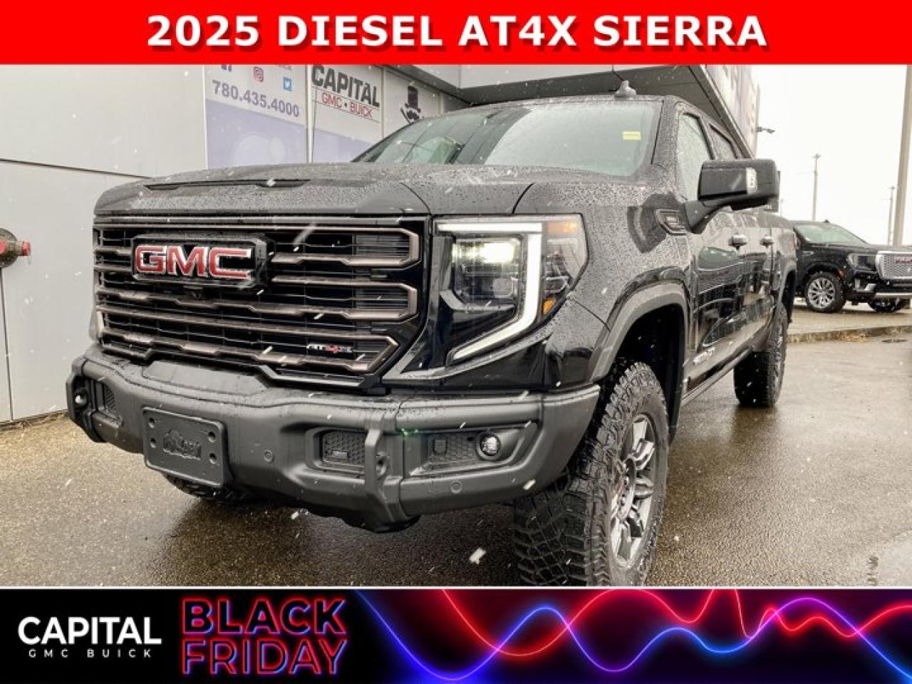 This 2025 SIERRA 1500 AT4X is loaded and powered by the legendary Duramax Diesel Engine! Equipped with MASSAGING SEATS, adaptive cruise control, DSSV SHOCKS, sunroof, rear sliding power window, Remote Start, BOSE audio speakers, MASSIVE 3 Factory Lift-Kit, Heated and Cooled Seats, Heads-Up Display, 360 CAM, Rear Streaming Camera Mirror, and much more! CALL NOW... LIMITED PRODUCTIONAsk for the Internet Department for more information or book your test drive today! Text 365-601-8318 for fast answers at your fingertips!AMVIC Licensed Dealer - Licence Number B1044900Disclaimer: All prices are plus taxes and include all cash credits and loyalties. See dealer for details. AMVIC Licensed Dealer # B1044900