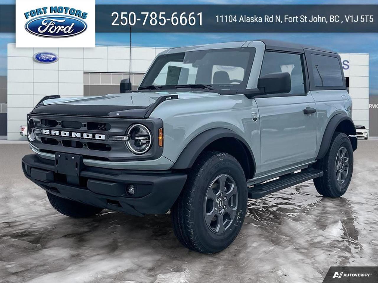 <b>Ford Co-Pilot360, Heated Seats, Remote Engine Start, 17 Aluminum Wheels, Dual-Zone Electronic Climate Control!</b><br> <br>   Not only is this 2024 Ford Bronco a cool and capable off-roader, but its also incredibly satisfying to drive every day. <br> <br>With a nostalgia-inducing design along with remarkable on-road driving manners with supreme off-road capability, this 2024 Ford Bronco is indeed a jack of all trades and masters every one of them. Durable build materials and functional engineering coupled with modern day infotainment and driver assistive features ensure that this iconic vehicle takes on whatever you can throw at it. Want an SUV that can genuinely do it all and look good while at it? Look no further than this 2024 Ford Bronco!<br> <br> This cactus grey SUV  has a 10 speed automatic transmission and is powered by a  275HP 2.3L 4 Cylinder Engine.<br> <br> Our Broncos trim level is Big Bend. This Bronco Big Bend comes with unique aluminum wheels with a full-size spare, front fog lamps and a leather-wrapped steering wheel, in addition to fantastic standard features such as off-roading suspension, a comprehensive terrain management system with switchable drive modes, a manual targa composite 1st row sunroof, a manual convertible hard top with fixed rollover protection, a flip-up rear window, LED headlights with automatic high beams, and proximity keyless entry with push button start. Connectivity is handled by an 8-inch LCD screen powered by SYNC 4 with wireless Apple CarPlay and Android Auto, with SiriusXM satellite radio. Additional features include towing equipment including trailer sway control, pre-collision assist with pedestrian detection, forward collision mitigation, a rearview camera, and even more. This vehicle has been upgraded with the following features: Ford Co-pilot360, Heated Seats, Remote Engine Start, 17 Aluminum Wheels, Dual-zone Electronic Climate Control. <br><br> View the original window sticker for this vehicle with this url <b><a href=http://www.windowsticker.forddirect.com/windowsticker.pdf?vin=1FMDE7AH9RLB09001 target=_blank>http://www.windowsticker.forddirect.com/windowsticker.pdf?vin=1FMDE7AH9RLB09001</a></b>.<br> <br>To apply right now for financing use this link : <a href=https://www.fortmotors.ca/free-credit-check/ target=_blank>https://www.fortmotors.ca/free-credit-check/</a><br><br> <br/><br>Come down to Fort Motors and take it for a spin!<p><br> Come by and check out our fleet of 30+ used cars and trucks and 200+ new cars and trucks for sale in Fort St John.  o~o