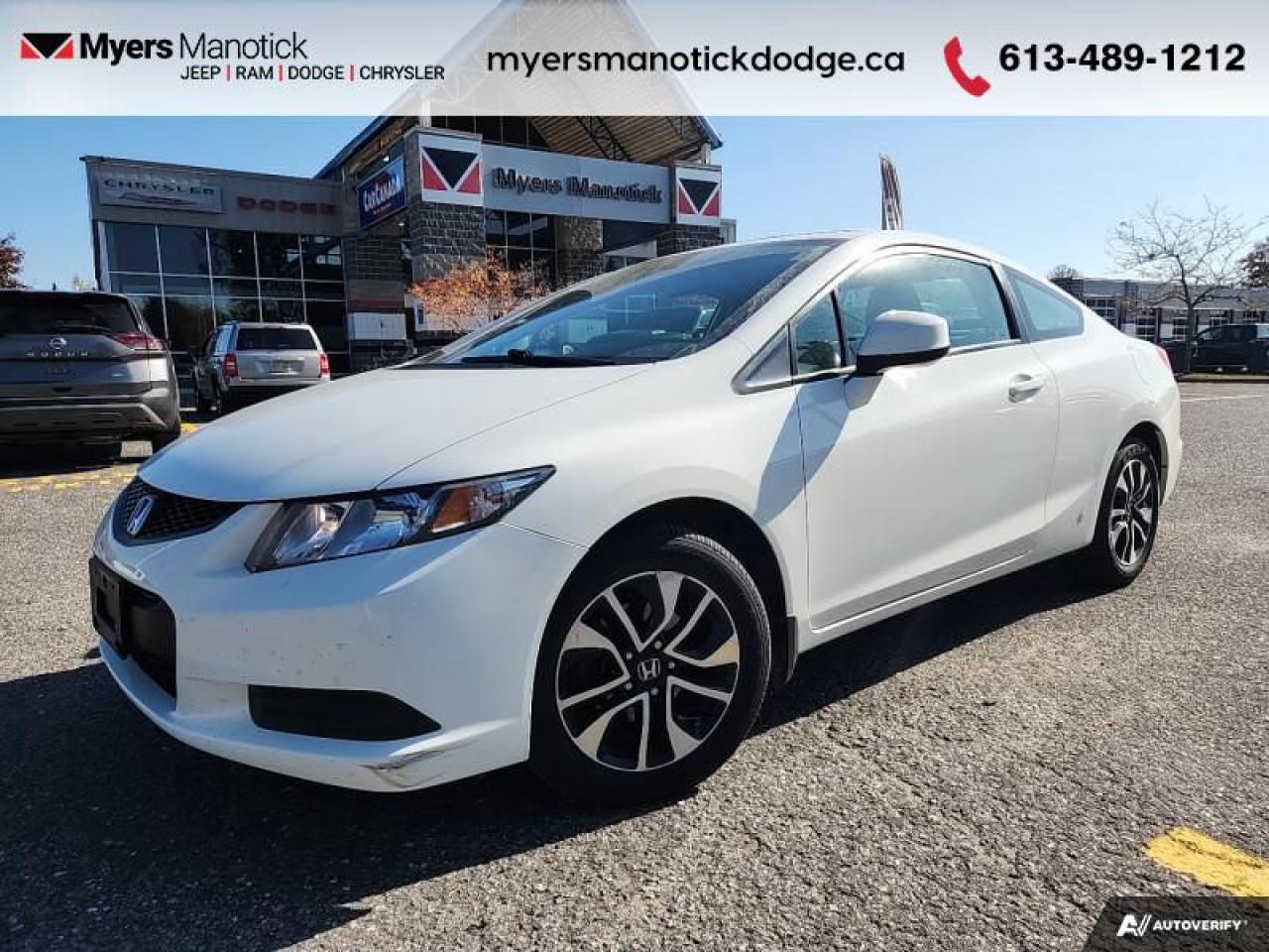 <b>Sunroof,  Bluetooth,  Rear View Camera,  Remote Keyless Entry,  Power Windows!</b><br> <br>  Compare at $12236 - Our Price is just $11880! <br> <br>   Thanks to an expanded list of standard features and sharper driving dynamics, the 2013 Honda Civic is primed to retain the top spot over category heavyweights, according to KBB.com. This  2013 Honda Civic Coupe is for sale today in Manotick. <br> <br>The 2013 Honda Civic Coupe is sure to capture your attention with a new look and attitude. This Civic offers impressive performance and efficiency while still providing the fun you want in a two-door car. The cabin is quite spacious, making it a practical alternative for everyday commutes. To keep pace with a rapidly evolving market, the 9th-generation Honda Civic under went a makeover for the 2013 model year. Key revisions include an all-new body structure, refreshed front and rear end styling and more premium, soft-touch materials inside the cabin. This  coupe has 149,430 kms. Its  taffeta white in colour  . It has a manual transmission and is powered by a  smooth engine. <br> <br> Our Civic Coupes trim level is EX. Upgrading to the Civic EX over the base LX sees the addition of a power moonroof, a rear view camera, leather wrapped steering wheel and an auto up and down drivers window. Youll also get bluetooth streaming audio with a 6 speaker system, remote keyless entry, heated side mirrors, 6 way adjustable drivers seat, UBS input and much more.  This vehicle has been upgraded with the following features: Sunroof,  Bluetooth,  Rear View Camera,  Remote Keyless Entry,  Power Windows,  A/c, Air. <br> <br>To apply right now for financing use this link : <a href=https://CreditOnline.dealertrack.ca/Web/Default.aspx?Token=3206df1a-492e-4453-9f18-918b5245c510&Lang=en target=_blank>https://CreditOnline.dealertrack.ca/Web/Default.aspx?Token=3206df1a-492e-4453-9f18-918b5245c510&Lang=en</a><br><br> <br/><br>If youre looking for a Dodge, Ram, Jeep, and Chrysler dealership in Ottawa that always goes above and beyond for you, visit Myers Manotick Dodge today! Were more than just great cars. We provide the kind of world-class Dodge service experience near Kanata that will make you a Myers customer for life. And with fabulous perks like extended service hours, our 30-day tire price guarantee, the Myers No Charge Engine/Transmission for Life program, and complimentary shuttle service, its no wonder were a top choice for drivers everywhere. Get more with Myers! <br>*LIFETIME ENGINE TRANSMISSION WARRANTY NOT AVAILABLE ON VEHICLES WITH KMS EXCEEDING 140,000KM, VEHICLES 8 YEARS & OLDER, OR HIGHLINE BRAND VEHICLE(eg. BMW, INFINITI. CADILLAC, LEXUS...)<br> Come by and check out our fleet of 40+ used cars and trucks and 70+ new cars and trucks for sale in Manotick.  o~o