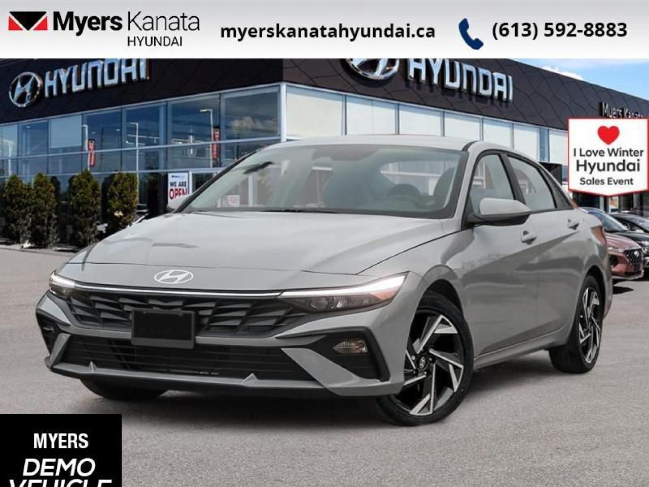 <b>Sunroof,  Navigation,  Climate Control,  Remote Start,  Heated Steering Wheel!</b><br> <br> <br> <br>  Welcome. <br> <br><br> <br> This cyber gry sedan  has an automatic transmission and is powered by a  147HP 2.0L 4 Cylinder Engine.<br> <br> Our Elantras trim level is Preferred IVT w/Tech Pkg. This trim rewards you with a sunroof, dual-zone climate control, remote engine start, front heated seats with a heated steering wheel, remote keyless entry, aluminum-alloy wheels, and an upgraded 10.25-inch display with inbuilt navigation, Apple CarPlay and Android Auto. Safety features also include blind spot detection, lane keeping assist with lane departure warning, front and rear collision mitigation, and forward collision avoidance with pedestrian detection. This vehicle has been upgraded with the following features: Sunroof,  Navigation,  Climate Control,  Remote Start,  Heated Steering Wheel,  Blind Spot Detection,  Heated Seats.  This is a demonstrator vehicle driven by a member of our staff, so we can offer a great deal on it.<br><br> <br>To apply right now for financing use this link : <a href=https://www.myerskanatahyundai.com/finance/ target=_blank>https://www.myerskanatahyundai.com/finance/</a><br><br> <br/>    This vehicle may qualify for $500 Military Program Bonus. Eligible customers may qualify for the Hyundai 0.50% Loyalty Finance Rate Reduction - certain restrictions may apply. 5.99% financing for 96 months. <br> Buy this vehicle now for the lowest weekly payment of <b>$102.39</b> with $0 down for 96 months @ 5.99% APR O.A.C. ( Plus applicable taxes -  $2596 and licensing fees    ).  Incentives expire 2025-01-02.  See dealer for details. <br> <br>This vehicle is located at Myers Kanata Hyundai 400-2500 Palladium Dr Kanata, Ontario. <br><br> Come by and check out our fleet of 20+ used cars and trucks and 60+ new cars and trucks for sale in Kanata.  o~o