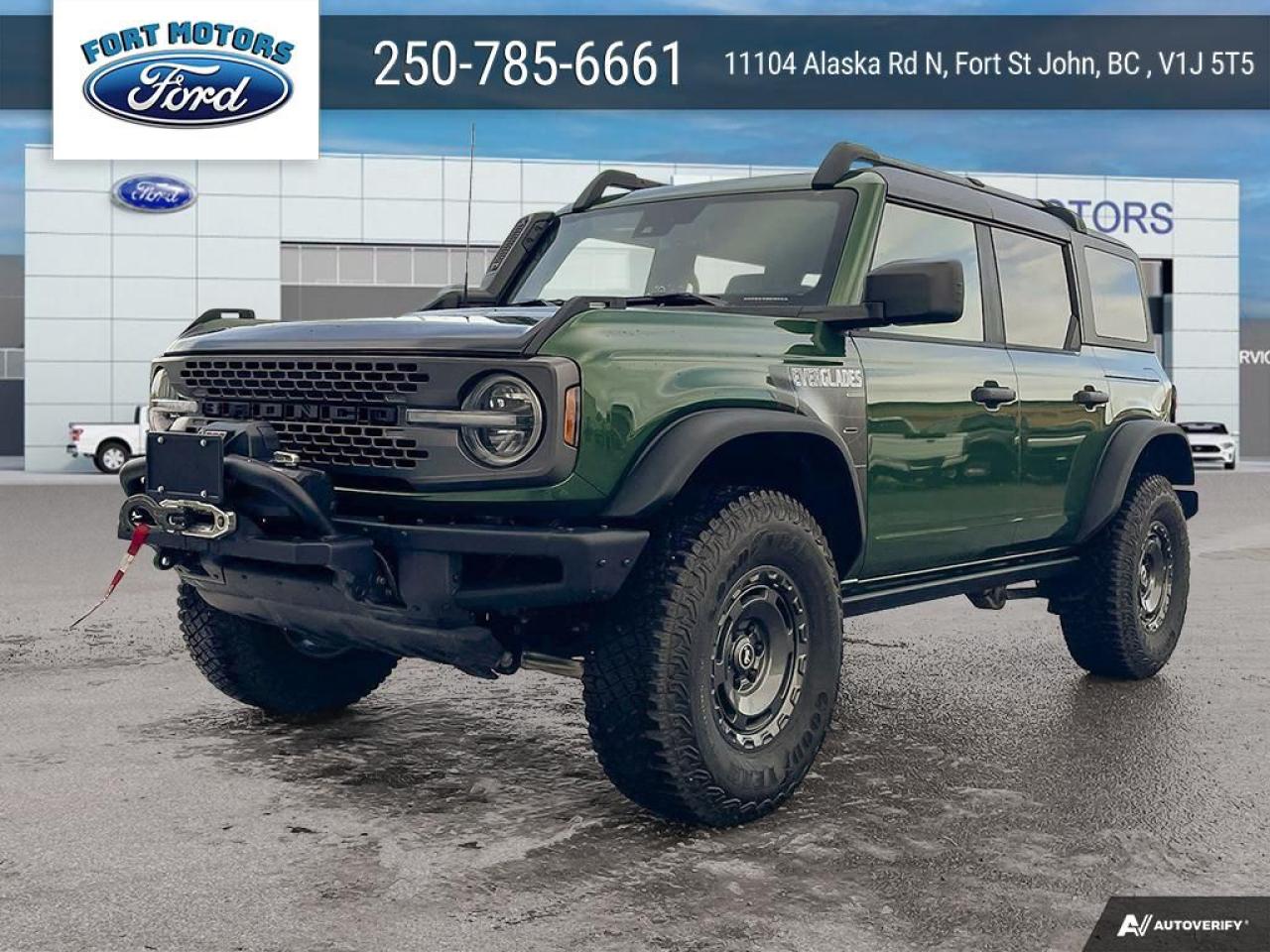 <b>Low Mileage, Navigation, 17 inch Aluminum Wheels, Rack Rails!</b><br> <br>  Compare at $70195 - Our Price is just $67495! <br> <br>   Carrying on the legendary legacy, this 2024 Ford Bronco defies all odds to take you on the best of adventures off-road. This  2024 Ford Bronco is for sale today in Fort St John. <br> <br>With a nostalgia-inducing design along with remarkable on-road driving manners with supreme off-road capability, this 2024 Ford Bronco is indeed a jack of all trades and masters every one of them. Durable build materials and functional engineering coupled with modern day infotainment and driver assistive features ensure that this iconic vehicle takes on whatever you can throw at it. Want an SUV that can genuinely do it all and look good while at it? Look no further than this 2024 Ford Bronco!This low mileage  SUV has just 1,168 kms. Its  eruption green metallic in colour  . It has a 10 speed automatic transmission and is powered by a  275HP 2.3L 4 Cylinder Engine. <br> <br> Our Broncos trim level is Everglades. This Bronco Everglades offers incredible off-road capability and looks good while at it, thanks to standard kit including a factory fitted snorkel, a front-mounted winch with recovery boards, front and rear locking differentials, skid plates for undercarriage protection, off-road suspension with Bilstein shock absorbers, aluminum wheels with a full-size spare, and front fog lamps. This rugged off-roader also treats you to amazing comfort and connectivity features that include heated front seats, remote engine start, dual-zone climate control, front and rear cupholders, and an upgraded infotainment system with Apple CarPlay, Android Auto, SiriusXM and inbuilt navigation, to get you back home from your off-road adventures. Road safety is assured thanks to a suite of systems including blind spot detection, pre-collision assist with pedestrian detection and cross-traffic alert, lane keeping assist with lane departure warning, rear parking sensors, and driver monitoring alert. Additional features include proximity keyless entry with push button start, trail control, trail turn assist, and so much more. This vehicle has been upgraded with the following features: Navigation, 17 Inch Aluminum Wheels, Rack Rails. <br> To view the original window sticker for this vehicle view this <a href=http://www.windowsticker.forddirect.com/windowsticker.pdf?vin=1FMEE4HH6RLA29356 target=_blank>http://www.windowsticker.forddirect.com/windowsticker.pdf?vin=1FMEE4HH6RLA29356</a>. <br/><br> <br>To apply right now for financing use this link : <a href=https://www.fortmotors.ca/free-credit-check/ target=_blank>https://www.fortmotors.ca/free-credit-check/</a><br><br> <br/><br><br> Come by and check out our fleet of 30+ used cars and trucks and 200+ new cars and trucks for sale in Fort St John.  o~o