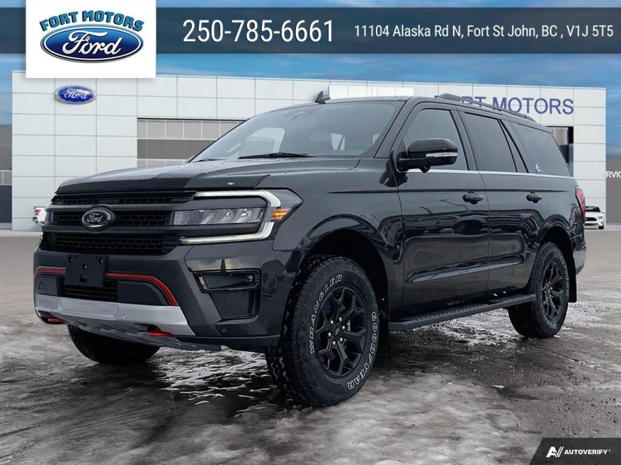 <b>Leather Seats, Sunroof, Premium Audio, 18 Wheels, Second Row Heated Seats!</b><br> <br>   Few large SUVs are as spacious, comfortable and capable as this 2024 Ford Expedition. <br> <br>This Ford Expedition sets the benchmark for all other full-size SUVs in multiple categories. From its vast and comfortable interior to the excellent driving dynamics it delivers uncompromised towing capability, there isnt much this Expedition cant do. Power, style and plenty of space for passengers and cargo give the Ford Expedition its bold and imposing presence on the road. <br> <br> This dark matter gray metallic SUV  has a 10 speed automatic transmission and is powered by a  440HP 3.5L V6 Cylinder Engine.<br> <br> Our Expeditions trim level is Timberline. Engineered to take on the wilderness, this Expedition Timberline features a comprehensive off-road package with heavy-duty dampers, off-road suspension, and 3 skid plates for undercarriage protection. Occupants are treated to a 12-inch infotainment screen with navigation, wireless Apple CarPlay and Android Auto, SYNC 4 wireless phone connectivity, running boards, FordPass Connect 4G mobile hotspot internet access, proximity keyless entry with push button start, smart device remote engine start, 40/20/40 folding split-bench 2nd row seats, and 3rd row 60/40 split-bench seats. Road safety is assured thanks to blind spot monitoring, pre-collision assist with automatic emergency braking and cross-traffic alert, lane keeping assist and lane departure warning, forward collision alert, driver monitoring alert, and Fords Mykey system with a top speed limiter and audio volume limiter. Additional features include a power liftgate for rear cargo access, class IV towing equipment with trailer sway control and a trailer wiring harness, four 12-volt DC and 120-volt AC power outlets, a garage door transmitter, front and rear cupholders, dual-zone front climate control with rear separate controls, and so much more. This vehicle has been upgraded with the following features: Leather Seats, Sunroof, Premium Audio, 18 Wheels, Second Row Heated Seats, Tow Package, Touchscreen. <br><br> View the original window sticker for this vehicle with this url <b><a href=http://www.windowsticker.forddirect.com/windowsticker.pdf?vin=1FMJU1RG9REB00379 target=_blank>http://www.windowsticker.forddirect.com/windowsticker.pdf?vin=1FMJU1RG9REB00379</a></b>.<br> <br>To apply right now for financing use this link : <a href=https://www.fortmotors.ca/free-credit-check/ target=_blank>https://www.fortmotors.ca/free-credit-check/</a><br><br> <br/><br>Come down to Fort Motors and take it for a spin!<p><br> Come by and check out our fleet of 30+ used cars and trucks and 210+ new cars and trucks for sale in Fort St John.  o~o