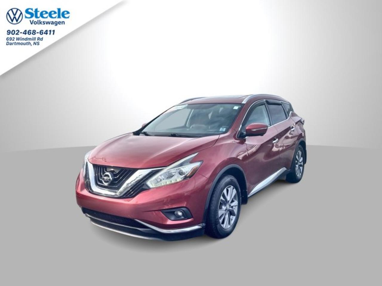 The 2015 Nissan Murano SL AWD is a midsize crossover SUV known for its stylish design, comfortable interior, and advanced features. Heres an overview of its key attributes:==== Performance ====  * *Engine*: Powered by a 3.5-liter V6 engine.  * *Power Output*: Produces approximately 260 horsepower and 240 lb-ft of torque.  * *Transmission*: Equipped with a continuously variable transmission (CVT) that provides smooth acceleration.  * *All-Wheel Drive*: The AWD system enhances traction and stability, especially in inclement weather.==== Interior and Features ====  * *Seating*: Offers comfortable seating for up to five passengers, with high-quality materials and available leather upholstery.  * *Infotainment*: Typically includes a 7-inch touchscreen display, Bluetooth connectivity, and a premium audio system. Features like navigation and smartphone integration may be available depending on the configuration.  * *Cargo Space*: Provides around 29.9 cubic feet of cargo space behind the rear seats, expandable to about 65 cubic feet with the seats folded down.==== Safety ====  * Comes with several standard safety features, including a rearview camera, advanced airbag systems, and stability control. Higher trims may offer additional features like blind-spot monitoring and adaptive cruise control.==== Driving Experience ====  * The Murano is known for its smooth ride, quiet cabin, and good handling, making it well-suited for both daily commuting and longer trips.==== Fuel Efficiency ====  * Generally achieves around 21-28 mpg, depending on driving conditions.==== Overall Impression ====The 2015 Nissan Murano SL AWD is a well-rounded SUV that combines comfort, performance, and a stylish design, making it a good choice for families and those looking for a versatile vehicle. If you have specific questions or need more details, feel free to ask!This Steele VW Value Priced Pre-Owned Vehicle comes with the following,  * 2 Year Nova Scotia Motor Vehicle Inspection  * New Oil Change  * Carproof Report  * No warranty implied or otherwise (unless purchased)  * NO EXCHANGES -- NO REFUNDS