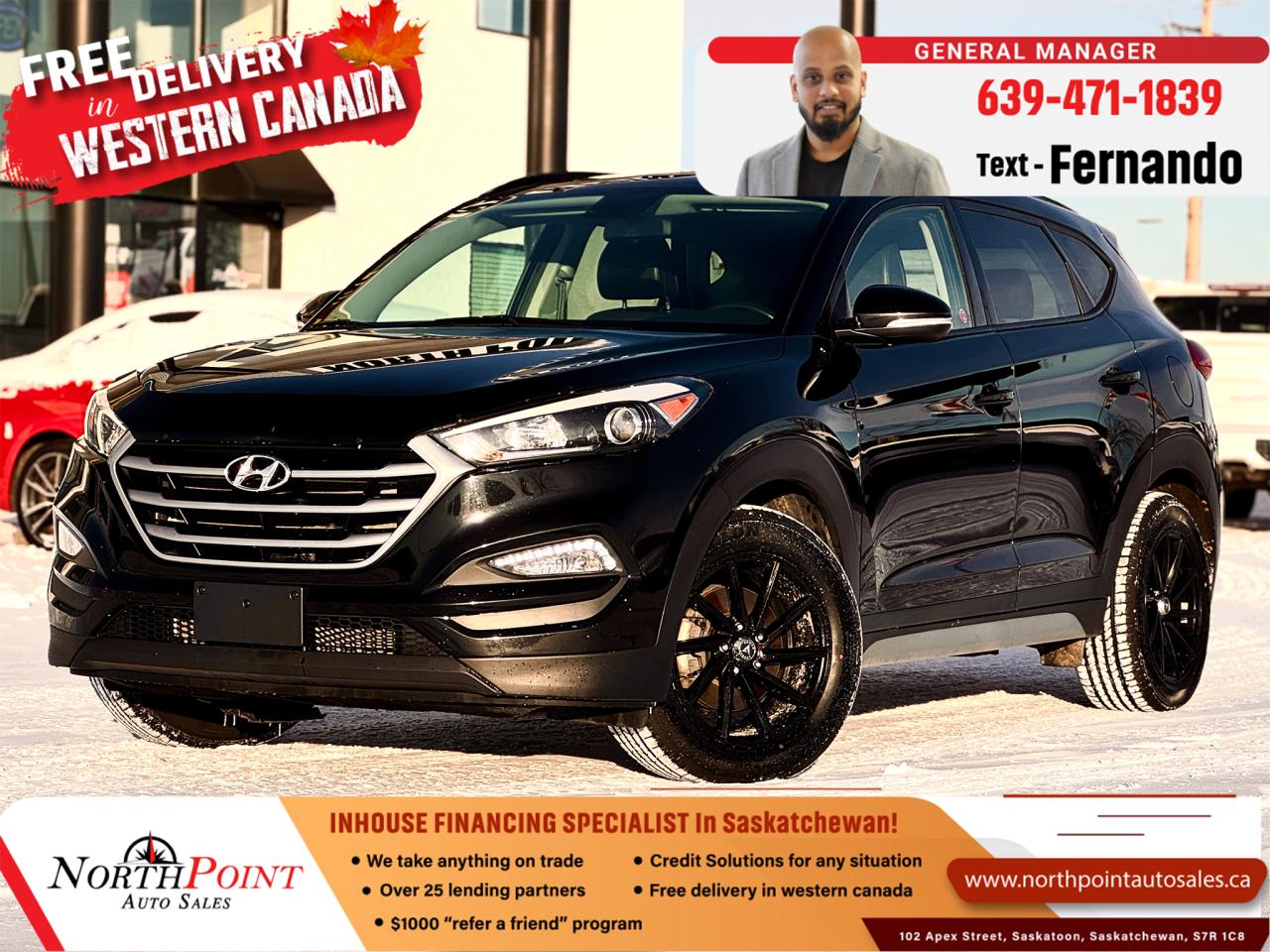 2018 HYUNDAI TUCSON SE 2.0L AWD for Sale in Saskatoon, SK 2018 Hyundai Tucson se 119,209 KM KM8J3CA48JU740626 <br/> LEATHER <br/> NO ACCIDENTS <br/> ALBERTA UNIT <br/> HEATED SEATS FRONT AND BACK <br/> AWD <br/> MOON ROOF <br/> AFTERMARKET RIMS <br/> 2018 Hyundai Tucson SE 2.0L AWD for Sale in Saskatoon, SK  VIN: KM8J3CA48JU740626  North Point Auto Sales<br/> Experience style, reliability, and advanced features with this 2018 Hyundai Tucson SE 2.0L AWD, available now at North Point Auto Sales in Saskatoon, SK. This fully loaded, accident-free black Tucson with black leather interior is in mint condition and has 119,209 km. Combining modern design with all-weather capability, the Tucson SE is perfect for families, professionals, and adventurers across Saskatchewan.<br/> Key Features of the 2018 Hyundai Tucson SE 2.0L AWD:2.0L 4-cylinder engine for a balance of efficiency and power <br/> 6-speed automatic transmission with SHIFTRONIC for smooth, responsive driving <br/> All-wheel drive (AWD) for superior handling and confidence on all road conditions <br/> Black leather interior with heated front seats for luxurious comfort <br/> 7-inch touchscreen infotainment system with Apple CarPlay and Android Auto integration <br/> Bluetooth connectivity for hands-free calls and audio streaming <br/> A rearview camera with dynamic guidelines for easy parking and reversing <br/> Dual-zone automatic climate control to keep all passengers comfortable <br/> Keyless entry with a push-button start for added convenience <br/> LED daytime running lights and fog lights for enhanced visibility and safety <br/> 17-inch alloy wheels with all-season tires for a smooth and reliable ride <br/> 60/40 split-folding rear seats to expand cargo space for larger items <br/> Roof rails for added versatility for outdoor gear and cargo <br/> Advanced safety features, including: <br/> Blind Spot Detection <br/> Lane Change Assist <br/> Rear Cross-Traffic Alert <br/> Downhill Brake Control and Hillstart Assist <br/> This 2018 Hyundai Tucson SE 2.0L AWD is the perfect combination of performance, technology, and comfort, making it a standout choice for drivers looking for a dependable and stylish SUV. <br/> <br/> Why Choose North Point Auto Sales in Saskatoon, SK?<br/>  <br/> At North Point Auto Sales, we provide in-house financing solutions tailored to every customers needs. Whether you have good credit, bad credit, or no credit, we offer flexible financing options to help you drive away in the vehicle you want. Proudly serving customers across Saskatchewan, our team is here to make your car-buying experience smooth and stress-free. <br/> <br/>  <br/> VIN: KM8J3CA48JU740626 <br/> Mileage: 119,209 km <br/> Colour: Black with Black Leather Interior <br/> Condition: Fully loaded, mint condition, no accidents <br/> Dont miss your chance to own this 2018 Hyundai Tucson SE 2.0L AWD! Contact North Point Auto Sales in Saskatoon today to schedule a test drive or explore our in-house financing options. <br/> Drive with style and confidence from North Point Auto Salesyour trusted dealership for in-house financing in Saskatchewan. Call now or visit our Saskatoon location to make this Tucson yours! <br/> <br/>  <br/> Our Lending Partners - https://www.northpointautosales.ca/finance-department/ <br/> <br/>  <br/>  PRE-OWNED VEHICLE EXTENDED WARRANTY & INSURANCE <br/>  <br/> At North Point Auto Sales in Saskatoon, we provide comprehensive pre-owned vehicle extended warranty coverage to ensure your peace of mind. Powered by SAL Warranty, our services include protection against mechanical breakdowns and extended manufacturer warranty coverage, including bumper-to-bumper. We also offer Guaranteed Auto Protection (GAP Insurance) and Credit Insurance (CAP Insurance). Learn more about our services at IA SAL https://iadealerservices.ca/insurance-and-warranty. <br/> Our services include: <br/> Creditor Group Insurance <br/> Extended Warranty <br/> Replacement Insurance and Warranty <br/> Appearance Protection <br/> Traceable Theft Deterrent <br/> Guaranteed Asset Protection <br/> Original Equipment Manufacturer (OEM) Programs <br/> Choose North Point Auto Sales for reliable pre-owned vehicle warranties and protection plans in Saskatoon. We ensure you drive with confidence, knowing your investment is secure. <br/> <br/>  <br/>  STOCK # PP3023 <br/> Looking for a used car Financing in Saskatoon?    GET PRE APPROVED ONLINE TODAY!   <br/> ****** IN HOUSE FINANCING AVAILABLE ******* <br/> Over 25 lending partners on site <br/> In House Financing https://www.northpointautosales.ca/multistep-finance/ <br/> Free Delivery anywhere in Western Canada <br/> Full Vehicle History Disclosure <br/> Dealer Exclusive Financing Incentives(O.A.C) <br/> We Take anything on Trade  Powersports, Boats, RV. <br/> This vehicle qualifies for Special Low % Financing <br/> NORTH POINT AUTO SALES in Saskatoon. <br/> Call or Text Fernando (639) 471-1839 (General Manager) <br/>             <br/>            www.northpointautosales.ca  <br/> *Conditions Apply. Contact Dealer for Details.  <br/> Looking for the best selection of quality used cars in Saskatoon? Look no further than North Point Auto Sales! Our extensive inventory features a diverse range of meticulously inspected vehicles, ensuring you get the reliable and safe ride you deserve. At North Point, we believe in transparent and fair pricing. Our competitive prices reflect the true value of our vehicles, giving you peace of mind that youre making a smart investment. What sets us apart is our dedicated team of automotive experts. With years of experience, theyre passionate about helping you find the perfect vehicle that fits your lifestyle and budget. Plus, we work with a network of trusted lenders to provide you with flexible financing options. We take pride in our commitment to customer satisfaction. Our service doesnt end after the sale. Were here to support you with any questions or concerns, ensuring you have a seamless ownership experience. Located right here in Saskatoon, we understand the unique needs of the local community. Our deep knowledge of the market allows us to provide you with the best possible service. Visit us today at 102 Apex Street, Saskatoon, SK and experience the North Point Auto Sales difference for yourself. Drive away in a vehicle youll love, knowing you made the right choice with North Point! <br/>