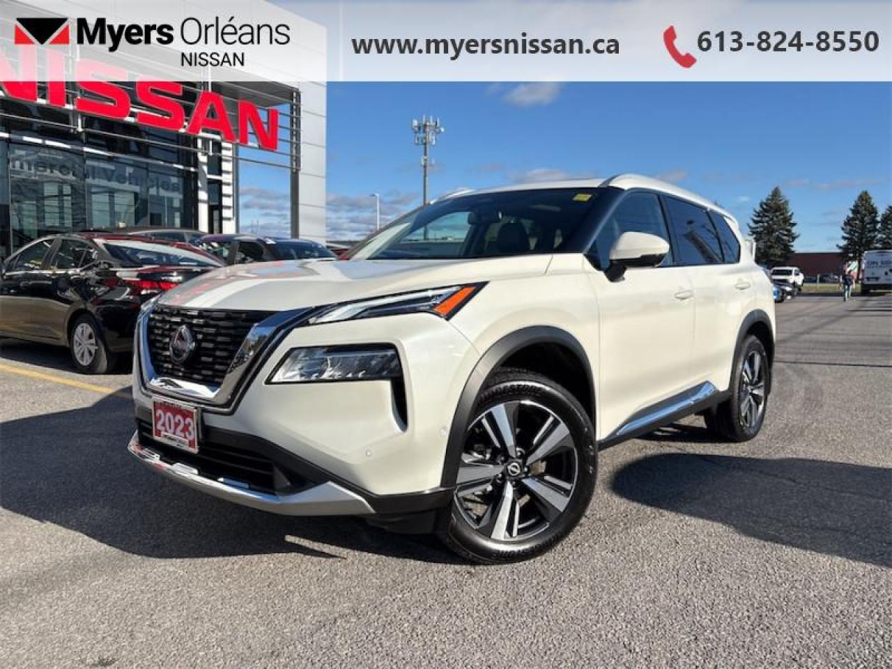 <b>Low Mileage, HUD,  Moonroof,  Leather Seats,  Navigation,  PowerLiftgate!</b><br> <br>  Compare at $39699 - Our Price is just $38688! <br> <br>   Capable of crossing over into every aspect of your life, this 2023 Rogue lets you stay focused on the adventure. This  2023 Nissan Rogue is for sale today in Orleans. <br> <br>Nissan was out for more than designing a good crossover in this 2023 Rogue. They were designing an experience. Whether your adventure takes you on a winding mountain path or finding the secrets within the city limits, this Rogue is up for it all. Spirited and refined with space for all your cargo and the biggest personalities, this Rogue is an easy choice for your next family vehicle.This low mileage  SUV has just 8,839 kms. Its  white in colour  . It has an automatic transmission and is powered by a  201HP 1.5L 3 Cylinder Engine. <br> <br> Our Rogues trim level is Platinum. This Platinum Rogue has it all with heated quilted leather seats with memory settings, a heads up display, interior accent lighting, Bose premium audio, and a wireless charger. Additional features include a dual panel panoramic moonroof, navigation, wi-fi, remote start, motion activated power liftgate, the Divide-N-hide cargo system, and Nissan Intelligent Key. Dial in adventure with the AWD terrain selector that keeps you rolling no matter the conditions. Go Rogue with ProPILOT Assist suite of active safety features like lane keep assist, blind spot intervention, 360 degree around view monitor, forward collision warning, traffic sign recognition, front and side sonar, and emergency braking with pedestrian detection. NissanConnect touchscreen infotainment with Apple CarPlay and Android Auto makes for an engaging experience. This vehicle has been upgraded with the following features: Hud,  Moonroof,  Leather Seats,  Navigation,  Powerliftgate,  Apple Carplay,  Android Auto. <br> <br/><br>We are proud to regularly serve our clients and ready to help you find the right car that fits your needs, your wants, and your budget.And, of course, were always happy to answer any of your questions.Proudly supporting Ottawa, Orleans, Vanier, Barrhaven, Kanata, Nepean, Stittsville, Carp, Dunrobin, Kemptville, Westboro, Cumberland, Rockland, Embrun , Casselman , Limoges, Crysler and beyond! Call us at (613) 824-8550 or use the Get More Info button for more information. Please see dealer for details. The vehicle may not be exactly as shown. The selling price includes all fees, licensing & taxes are extra. OMVIC licensed.Find out why Myers Orleans Nissan is Ottawas number one rated Nissan dealership for customer satisfaction! We take pride in offering our clients exceptional bilingual customer service throughout our sales, service and parts departments. Located just off highway 174 at the Jean DÀrc exit, in the Orleans Auto Mall, we have a huge selection of Used vehicles and our professional team will help you find the Nissan that fits both your lifestyle and budget. And if we dont have it here, we will find it or you! Visit or call us today.<br>*LIFETIME ENGINE TRANSMISSION WARRANTY NOT AVAILABLE ON VEHICLES WITH KMS EXCEEDING 140,000KM, VEHICLES 8 YEARS & OLDER, OR HIGHLINE BRAND VEHICLE(eg. BMW, INFINITI. CADILLAC, LEXUS...)<br> Come by and check out our fleet of 20+ used cars and trucks and 110+ new cars and trucks for sale in Orleans.  o~o