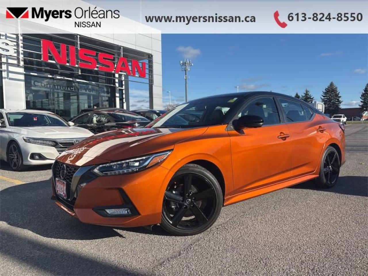 <b>Low Mileage, Sunroof,  Heated Steering Wheel,  Remote Start,  Apple CarPlay,  Android Auto!</b><br> <br>  Compare at $27809 - Our Price is just $26999! <br> <br>   Dynamic performance in every curve and presence in every line, this 2022 Sentra is ready to step up. This  2022 Nissan Sentra is for sale today in Orleans. <br> <br>More excitement for the same fuel efficiency was achieved through intelligent design in this 2022 Sentra. Offering an interior you expect from the luxury vehicle, this compact car is packed with power and excitement from the beautiful lights to the stunning spoiler. All the impressive looks blend seamlessly with the upscale interior, making this Sentra an instant classic.<br>This low mileage  sedan has just 2,490 kms. Its  orange in colour  . It has an automatic transmission and is powered by a  149HP 2.0L 4 Cylinder Engine. <br> <br> Our Sentras trim level is SR Premium. As the name suggests, this SR Premium offers top-shelf equipment such as an 8-speaker Bose premium audio system, Nissans I-AVM 360-camera, an express open/close sunroof with a power sunshade, unique alloy wheels, a lip spoiler and aggressive bodywork. The premium features continue with heated front bucket seats with orange stitching, lumbar support and power adjustment, a heated leather steering wheel, proximity keyless entry with remote start, dual-zone climate control, and an 8-inch touchscreen bundled with Apple CarPlay, Android Auto, and SiriusXM satellite radio. Road safety is assured thanks to adaptive cruise control, blind spot detection, lane departure warning, forward collision alert, front and rear collision mitigation, driver monitoring alert, and rear parking sensors. Additional features include LED headlights with automatic high beams, front fog lamps, a 12-volt DC power outlet, and so much more! This vehicle has been upgraded with the following features: Sunroof,  Heated Steering Wheel,  Remote Start,  Apple Carplay,  Android Auto,  Heated Seats,  Remote Keyless Entry. <br> <br/><br>We are proud to regularly serve our clients and ready to help you find the right car that fits your needs, your wants, and your budget.And, of course, were always happy to answer any of your questions.Proudly supporting Ottawa, Orleans, Vanier, Barrhaven, Kanata, Nepean, Stittsville, Carp, Dunrobin, Kemptville, Westboro, Cumberland, Rockland, Embrun , Casselman , Limoges, Crysler and beyond! Call us at (613) 824-8550 or use the Get More Info button for more information. Please see dealer for details. The vehicle may not be exactly as shown. The selling price includes all fees, licensing & taxes are extra. OMVIC licensed.Find out why Myers Orleans Nissan is Ottawas number one rated Nissan dealership for customer satisfaction! We take pride in offering our clients exceptional bilingual customer service throughout our sales, service and parts departments. Located just off highway 174 at the Jean DÀrc exit, in the Orleans Auto Mall, we have a huge selection of Used vehicles and our professional team will help you find the Nissan that fits both your lifestyle and budget. And if we dont have it here, we will find it or you! Visit or call us today.<br>*LIFETIME ENGINE TRANSMISSION WARRANTY NOT AVAILABLE ON VEHICLES WITH KMS EXCEEDING 140,000KM, VEHICLES 8 YEARS & OLDER, OR HIGHLINE BRAND VEHICLE(eg. BMW, INFINITI. CADILLAC, LEXUS...)<br> Come by and check out our fleet of 20+ used cars and trucks and 110+ new cars and trucks for sale in Orleans.  o~o