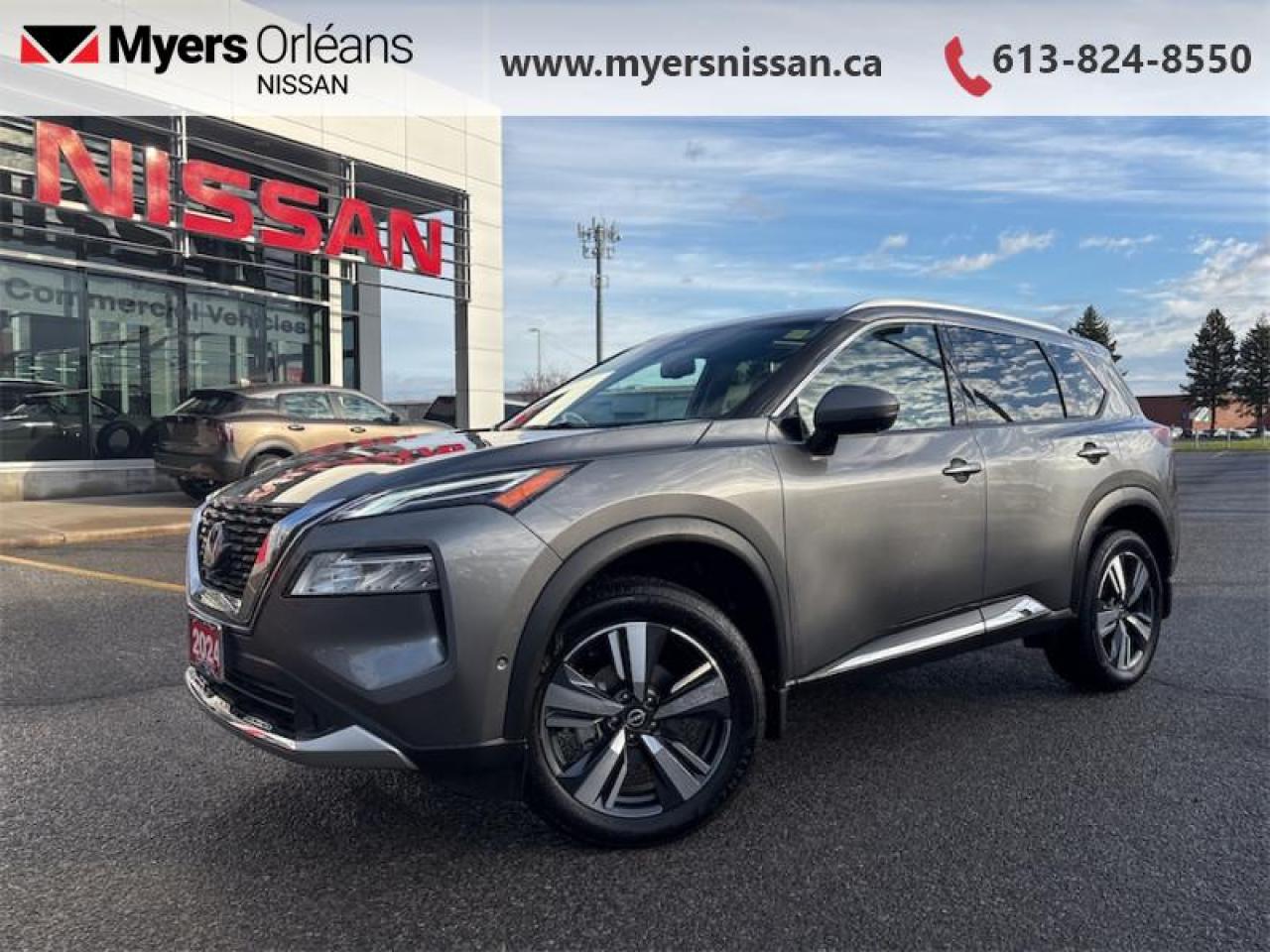 <b>Low Mileage, HUD,  Moonroof,  Leather Seats,  Navigation,  PowerLiftgate!</b><br> <br>  Compare at $39995 - Our Price is just $38688! <br> <br>   Thrilling power when you need it and long distance efficiency when you dont, this 2023 Rogue has it all covered. This  2023 Nissan Rogue is for sale today in Orleans. <br> <br>Nissan was out for more than designing a good crossover in this 2023 Rogue. They were designing an experience. Whether your adventure takes you on a winding mountain path or finding the secrets within the city limits, this Rogue is up for it all. Spirited and refined with space for all your cargo and the biggest personalities, this Rogue is an easy choice for your next family vehicle.This low mileage  SUV has just 5,019 kms. Its  silver in colour  . It has an automatic transmission and is powered by a  201HP 1.5L 3 Cylinder Engine. <br> <br> Our Rogues trim level is Platinum. This Platinum Rogue has it all with heated quilted leather seats with memory settings, a heads up display, interior accent lighting, Bose premium audio, and a wireless charger. Additional features include a dual panel panoramic moonroof, navigation, wi-fi, remote start, motion activated power liftgate, the Divide-N-hide cargo system, and Nissan Intelligent Key. Dial in adventure with the AWD terrain selector that keeps you rolling no matter the conditions. Go Rogue with ProPILOT Assist suite of active safety features like lane keep assist, blind spot intervention, 360 degree around view monitor, forward collision warning, traffic sign recognition, front and side sonar, and emergency braking with pedestrian detection. NissanConnect touchscreen infotainment with Apple CarPlay and Android Auto makes for an engaging experience. This vehicle has been upgraded with the following features: Hud,  Moonroof,  Leather Seats,  Navigation,  Powerliftgate,  Apple Carplay,  Android Auto. <br> <br/><br>We are proud to regularly serve our clients and ready to help you find the right car that fits your needs, your wants, and your budget.And, of course, were always happy to answer any of your questions.Proudly supporting Ottawa, Orleans, Vanier, Barrhaven, Kanata, Nepean, Stittsville, Carp, Dunrobin, Kemptville, Westboro, Cumberland, Rockland, Embrun , Casselman , Limoges, Crysler and beyond! Call us at (613) 824-8550 or use the Get More Info button for more information. Please see dealer for details. The vehicle may not be exactly as shown. The selling price includes all fees, licensing & taxes are extra. OMVIC licensed.Find out why Myers Orleans Nissan is Ottawas number one rated Nissan dealership for customer satisfaction! We take pride in offering our clients exceptional bilingual customer service throughout our sales, service and parts departments. Located just off highway 174 at the Jean DÀrc exit, in the Orleans Auto Mall, we have a huge selection of Used vehicles and our professional team will help you find the Nissan that fits both your lifestyle and budget. And if we dont have it here, we will find it or you! Visit or call us today.<br>*LIFETIME ENGINE TRANSMISSION WARRANTY NOT AVAILABLE ON VEHICLES WITH KMS EXCEEDING 140,000KM, VEHICLES 8 YEARS & OLDER, OR HIGHLINE BRAND VEHICLE(eg. BMW, INFINITI. CADILLAC, LEXUS...)<br> Come by and check out our fleet of 20+ used cars and trucks and 110+ new cars and trucks for sale in Orleans.  o~o