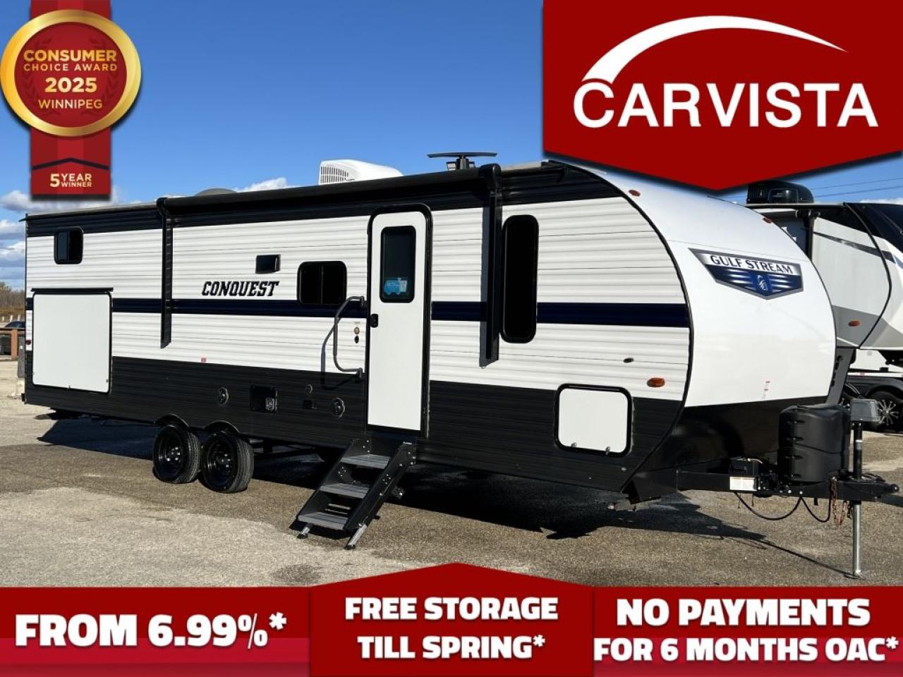 FREE WINTER STORAGE FOR 2024/SPRING 2025 ON UNITS PURCHASED!* See dealer for details. No Payments for up to 6 months. Low interest options available! Come see why Carvista has been the Consumer Choice Award Winner for 5 consecutive years! 2021-2025!

Take on every adventure in style and comfort with this lightly-used, top-quality 2022 Gulf Stream Conquest 279BH bunkhouse travel trailer! Designed for families and groups, this camper features a spacious floorplan, sleeping accommodations for up to 8, and premium amenities that make life on the road enjoyable and convenient. Perfect for weekend getaways or extended road trips, the Conquest 279BH combines modern convenience with rugged durability.

Specifications:

Length: 323"
Width: 80"
Height: 113"
Dry Weight: 5,273 lbs
Hitch Weight: 730 lbs
GVWR: 7,560 lbs
Fresh Water Capacity: 51 gal
Gray Water Capacity: 37 gal
Black Water Capacity: 37 gal
Water Heater Capacity: 6 gal, gas/electric DSI
Sleeping Capacity: Up to 8
Air Conditioning: 13,500 BTU ducted AC
Furnace: 25,000 BTU

Interior Features:
The Conquest 279BH is built with family comfort in mind, offering an open-concept floorplan, ample storage, and quality furnishings throughout.

Living Area: Features a large dinette and sofa that both convert to sleeping spaces, an entertainment center, and ample storage. The large windows provide plenty of natural light and views of the outdoors.
Kitchen: Well-appointed with a 3-burner gas range, oven, microwave, and a double-door refrigerator (gas/electric), plus a large double sink with high-rise faucet. Includes generous counter space, overhead cabinets, and a pantry.
Bedroom: Private front bedroom with a comfortable queen bed, wardrobe storage on both sides, and overhead cabinetry.
Bunkhouse: Dedicated rear bunkhouse with 4 single bunks, each with a window and privacy curtains.
Bathroom: Full bathroom with a tub/shower combo, foot-flush toilet, sink, and mirrored medicine cabinet for additional storage. There’s also a private entry door for direct access from outside.

Exterior Features:
This model is built to handle various terrains and weather conditions, equipped with practical features to enhance your camping experience.

Power Awning: 16 power awning with LED lighting for outdoor relaxation, even after dark.
Exterior Storage: Includes a large pass-through storage compartment to fit gear, outdoor chairs, and more.
Stabilizer Jacks: Manual stabilizer jacks for extra stability while parked.
Exterior Shower: Great for rinsing off sand, mud, or cleaning up before heading indoors.
OUT DOOR KITCHEN

Additional Options and Upgrades:

Bluetooth Stereo System: Interior and exterior speakers for music both inside and outside.
USB Charging Ports: Conveniently located throughout to keep devices charged.
Solar Prep Package: Ready for solar panel hookup for off-grid capabilities.
Pre-Wired Backup Camera Mount for easier maneuvering and reversing.

This 2022 Gulf Stream Conquest 279BH is ready for your next adventure. With its spacious layout, quality amenities, and rugged build, it’s the ideal travel companion for families or groups who love exploring the outdoors. Don’t miss the chance to own this fantastic camper that feels like home wherever you go!