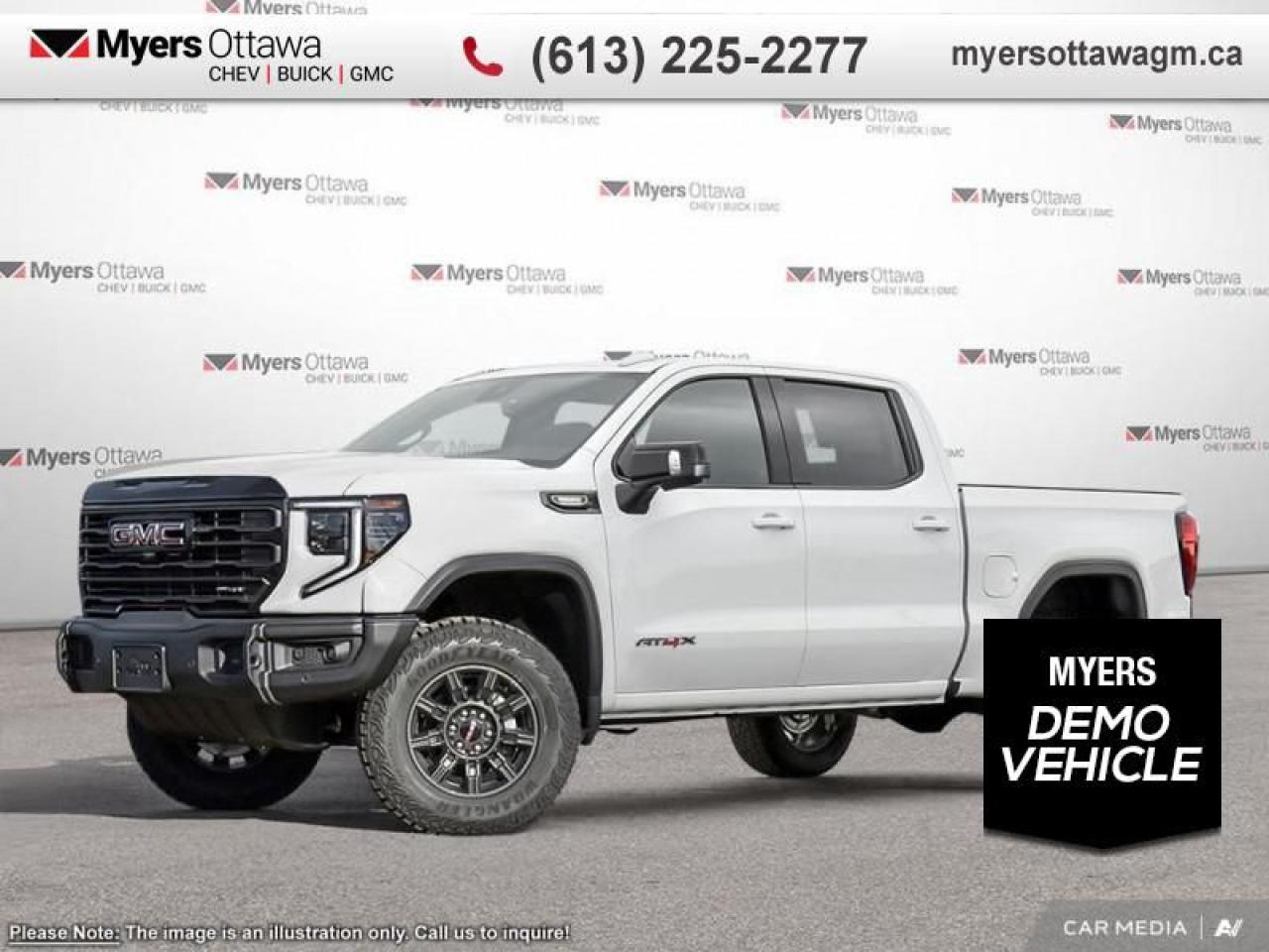 <br> <br>  This 2025 Sierra 1500 is engineered for ultra-premium comfort, offering high-tech upgrades, beautiful styling, authentic materials and thoughtfully crafted details. <br> <br>This 2025 GMC Sierra 1500 stands out in the midsize pickup truck segment, with bold proportions that create a commanding stance on and off road. Next level comfort and technology is paired with its outstanding performance and capability. Inside, the Sierra 1500 supports you through rough terrain with expertly designed seats and robust suspension. This amazing 2025 Sierra 1500 is ready for whatever.<br> <br> This summit white Crew Cab 4X4 pickup   has an automatic transmission and is powered by a  420HP 6.2L 8 Cylinder Engine.<br> <br> Our Sierra 1500s trim level is AT4X. Taking your off road adventures to the max, this highly capable truck comes fully loaded with an upgraded off-road suspension that features Multimatic DSSV spool-valve dampers and underbody skid plates, full grain leather seats with authentic Vanta Ash wood trim, exclusive aluminum wheels, body-coloured exterior accents and a massive 13.4 inch touchscreen display that features wireless Apple CarPlay and Android Auto, 12 speaker Bose premium audio system, SiriusXM, and a 4G LTE hotspot. Additionally, this amazing pickup truck also features a power sunroof, spray-in bedliner, wireless device charging, IntelliBeam LED headlights, remote engine start, forward collision warning and lane keep assist, a trailer-tow package with hitch guidance, LED cargo area lighting, heads up display, heated and cooled seats with massage function, ultrasonic parking sensors, an HD surround vision camera plus so much more!<br><br> <br>To apply right now for financing use this link : <a href=https://creditonline.dealertrack.ca/Web/Default.aspx?Token=b35bf617-8dfe-4a3a-b6ae-b4e858efb71d&Lang=en target=_blank>https://creditonline.dealertrack.ca/Web/Default.aspx?Token=b35bf617-8dfe-4a3a-b6ae-b4e858efb71d&Lang=en</a><br><br> <br/>    3.99% financing for 84 months.  Incentives expire 2025-01-02.  See dealer for details. <br> <br><br> Come by and check out our fleet of 40+ used cars and trucks and 150+ new cars and trucks for sale in Ottawa.  o~o