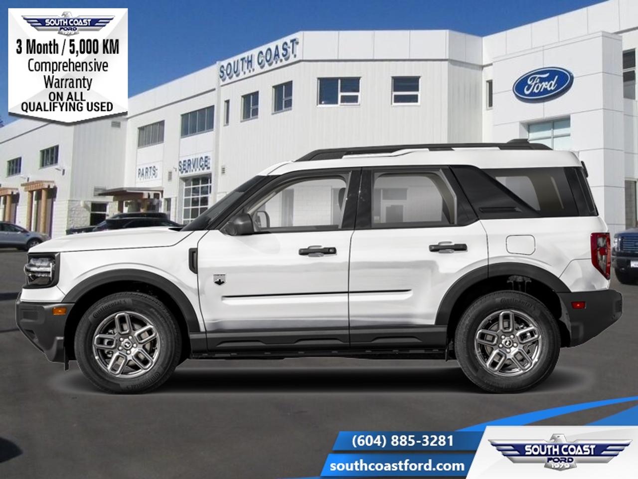 <b>Low Mileage, Black Appearance Package!</b><br> <br> <p style=color:Blue;><b>Upgrade your ride at South Coast Ford with peace of mind! Our used vehicles come with a minimum of 5,000 km and 3 months of Comprehensive Vehicle Warranty. Drive with confidence knowing your investment is protected.</b></p><br> <br> Compare at $40160 - Our Price is just $38990! <br> <br>Looking for off-roading capability with a mix off efficiency and tech features? This Bronco Sport is certainly up to the challenge. This 2025 Ford Bronco Sport is for sale today in Sechelt.<br> <br>A compact footprint, an iconic name, and modern luxury come together to make this Bronco Sport an instant classic. Whether your next adventure takes you deep into the rugged wilds, or into the rough and rumble city, this Bronco Sport is exactly what you need. With enough cargo space for all of your gear, the capability to get you anywhere, and a manageable footprint, theres nothing quite like this Ford Bronco Sport.<br> <br>This low mileage SUV has just 13,738 km. Its Oxford White in colour. It has a 8 Speed Automatic transmission and is powered by a 181HP 1.5L 3 Cylinder Engine. <br> <br> Our Bronco Sports trim level is Big Bend. This Bronco Big Bend steps things up with heated cloth front seats that feature power lumbar adjustment, along with SiriusXM streaming radio and exclusive aluminum wheels. Also standard include voice-activated automatic air conditioning, 13.2-inch SYNC 4 powered infotainment screen with Apple CarPlay and Android Auto, smart charging USB type-A and type-C ports, 4G LTE mobile hotspot internet access, proximity keyless entry with remote start, and a robust terrain management system that features the trademark Go Over All Terrain (G.O.A.T.) driving modes. Additional features include blind spot detection, rear cross traffic alert and pre-collision assist with automatic emergency braking, lane keeping assist, lane departure warning, forward collision alert, driver monitoring alert, a rear-view camera, and so much more. This vehicle has been upgraded with the following features: Black Appearance Package.<br> To view the original window sticker for this vehicle view this <a href=http://www.windowsticker.forddirect.com/windowsticker.pdf?vin=3FMCR9BN0SRE12742 target=_blank>http://www.windowsticker.forddirect.com/windowsticker.pdf?vin=3FMCR9BN0SRE12742</a>. <br/><br> <br>To apply right now for financing use this link: <a href=https://www.southcoastford.com/financing/ target=_blank>https://www.southcoastford.com/financing/</a><br> <br/>Buy this vehicle now for the lowest bi-weekly payment of <b>$319.21</b> with $0 down for 84 months @ 7.99% APR O.A.C. (All rates are OAC. Check with our team for rate specials on new and used vehicles. Banks will have financed minimum amounts for certain rates. / Total Obligation of $53334 ). See dealer for details. <br><br>Call South Coast Ford Sales or come visit us in person. Were convenient to Sechelt, BC and located at 5606 Wharf Avenue. and look forward to helping you with your automotive needs.<br><br> Come by and check out our fleet of 30+ used cars and trucks and 90+ new cars and trucks for sale in Sechelt.  o~o