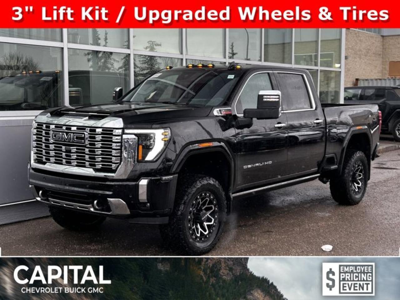 Accessories include: 3 Lift kit, RTX Wheels, Gatorback Mudflaps, Black Emblems.This GMC Sierra 3500HD delivers a Turbocharged Diesel V8 6.6L/ engine powering this Automatic transmission. ENGINE, DURAMAX 6.6L TURBO-DIESEL V8, B20-DIESEL COMPATIBLE (470 hp [350.5 kW] @ 2800 rpm, 975 lb-ft of torque [1322 Nm] @ 1600 rpm) (Includes (K05) engine block heater.), Wireless Phone Projection for Apple CarPlay and Android Auto, Wireless charging.*This GMC Sierra 3500HD Features the Following Options *Wipers, front rain-sensing, Windows, power rear, express down, Window, power, rear sliding with rear defogger, Window, power front, passenger express up/down, Window, power front, drivers express up/down, Wi-Fi Hotspot capable (Terms and limitations apply. See onstar.com or dealer for details.), Wheels, 20 (50.8 cm) Ultra-bright machined wheels with bright chrome inserts with Black painted pockets (Requires single rear wheels.), Wheelhouse liners, rear (Not available with dual rear wheel models.), USB Ports, 2, Charge/Data ports located inside centre console, USB Ports, 2 (first row) located on console.*Visit Us Today *Come in for a quick visit at Capital Chevrolet Buick GMC Inc., 13103 Lake Fraser Drive SE, Calgary, AB T2J 3H5 to claim your GMC Sierra 3500HD!