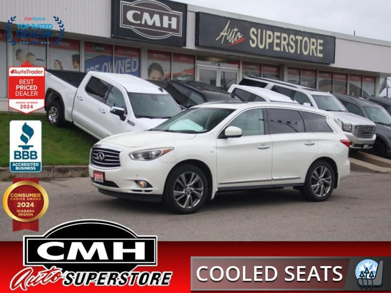 <b>LOADED AWD !! NAVIGATION, 360 CAMERA, PARK SENSORS, COLLISION SENSORS, ADAPTIVE CRUISE, LANE DEPARTURE, BLIND SPOT, BLUETOOTH, DUAL SUNROOF, LEATHER, COOLED/HEATED SEATS, HEATED STEERING WHEEL, REAR DVD, POWER GATE, 3RD ROW, REMOTE START, 20-INCH ALLOYS</b><br>  <br>CMH certifies that all vehicles meet DOUBLE the Ministry standards for Brakes and Tires<br><br> <br>    This  2015 INFINITI QX60 is for sale today. <br> <br>This Infiniti QX60 captivates with possibility transforming the seven-passenger crossover with a harmonious connection between expressive design, attention to detail, and intuitive technology. Experience luxury made sensory and desire with unprecedented potential. This  SUV has 141,152 kms. Its  white in colour  and is major accident free based on the <a href=https://vhr.carfax.ca/?id=u+PLm9WDypyMrbeM52O93v5kH+4dHK5L target=_blank>CARFAX Report</a> . It has an automatic transmission and is powered by a  265HP 3.5L V6 Cylinder Engine. <br> <br>To apply right now for financing use this link : <a href=https://www.cmhniagara.com/financing/ target=_blank>https://www.cmhniagara.com/financing/</a><br><br> <br/><br>Trade-ins are welcome! Financing available OAC ! Price INCLUDES a valid safety certificate! Price INCLUDES a 60-day limited warranty on all vehicles except classic or vintage cars. CMH is a Full Disclosure dealer with no hidden fees. We are a family-owned and operated business for over 30 years! o~o