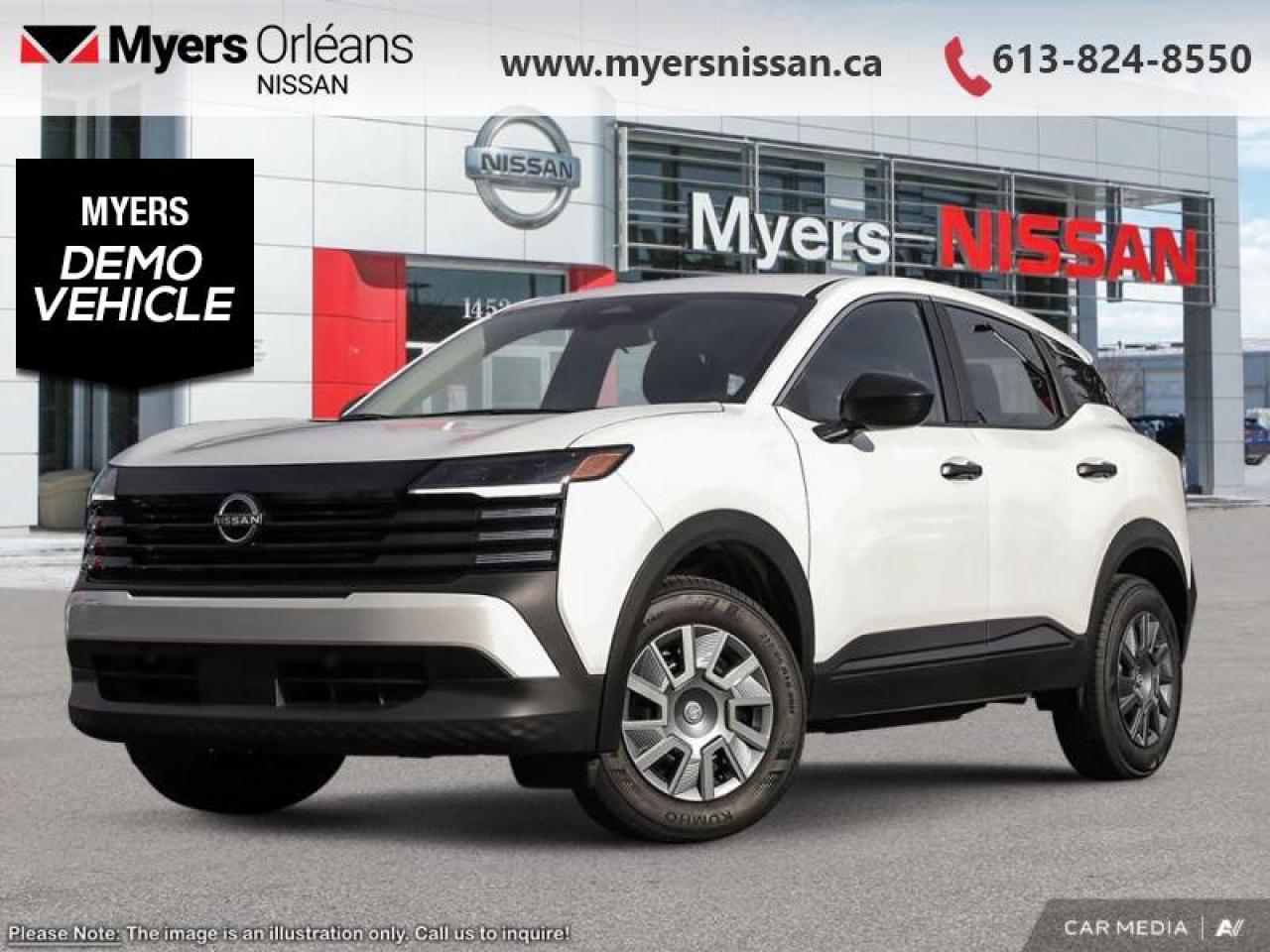 <b>Heated Seats,  Blind Spot Detection,  Lane Departure Warning,  Apple CarPlay,  Android Auto!</b><br> <br> <br> <br>  Make the most of every day with the versatile, spirited, and efficient 2025 Kicks. <br> <br>This Kicks did not take any shortcuts, but it is offering you a shortcut to possibility. Make the most of every day with intelligent features that help you express your personal style and feel your playlist with the incredible infotainment system. It really is time you put you first, and this 2025 Kicks is here for it.<br> <br> This aspen white tricoat SUV  has an automatic transmission and is powered by a  141HP 2.0L 4 Cylinder Engine.<br> <br> Our Kickss trim level is S. Standard features include heated front seats, blind spot warning, lane departure warning, collision mitigation, and rear parking sensors. Also standard is a 12.3-inch infotainment screen with wireless Apple CarPlay and Android Auto, and SiriusXM satellite radio. This vehicle has been upgraded with the following features: Heated Seats,  Blind Spot Detection,  Lane Departure Warning,  Apple Carplay,  Android Auto.  This is a demonstrator vehicle driven by a member of our staff, so we can offer a great deal on it.<br><br> <br/>    0% financing for 24 months. 3.49% financing for 84 months. <br> Payments from <b>$444.48</b> monthly with $0 down for 84 months @ 3.49% APR O.A.C. ( Plus applicable taxes -  $621 Administration fee included. Licensing not included.    ).  Incentives expire 2025-07-31.  See dealer for details. <br> <br> <br>LEASING:<br><br>Estimated Lease Payment: $410/m <br>Payment based on 3.99% lease financing for 60 months with $0 down payment on approved credit. Total obligation $24,612. Mileage allowance of 16,000 KM/year. Offer expires 2025-07-31.<br><br><br>We are proud to regularly serve our clients and ready to help you find the right car that fits your needs, your wants, and your budget.And, of course, were always happy to answer any of your questions.Proudly supporting Ottawa, Orleans, Vanier, Barrhaven, Kanata, Nepean, Stittsville, Carp, Dunrobin, Kemptville, Westboro, Cumberland, Rockland, Embrun , Casselman , Limoges, Crysler and beyond! Call us at (613) 824-8550 or use the Get More Info button for more information. Please see dealer for details. The vehicle may not be exactly as shown. The selling price includes all fees, licensing & taxes are extra. OMVIC licensed.Find out why Myers Orleans Nissan is Ottawas number one rated Nissan dealership for customer satisfaction! We take pride in offering our clients exceptional bilingual customer service throughout our sales, service and parts departments. Located just off highway 174 at the Jean DÀrc exit, in the Orleans Auto Mall, we have a huge selection of New vehicles and our professional team will help you find the Nissan that fits both your lifestyle and budget. And if we dont have it here, we will find it or you! Visit or call us today.<br> Come by and check out our fleet of 30+ used cars and trucks and 130+ new cars and trucks for sale in Orleans.  o~o