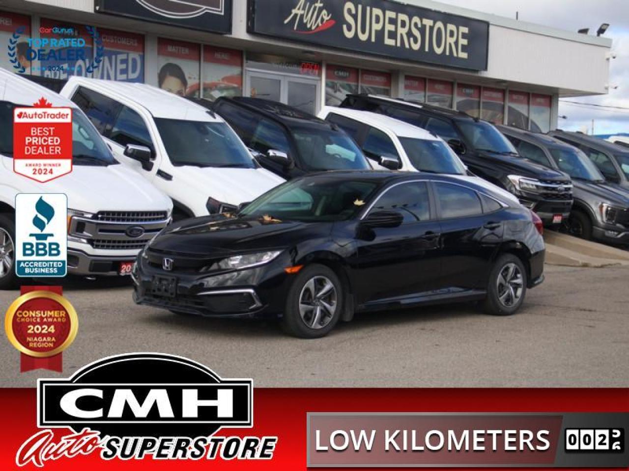 <b>ONLY 46,000 KMS !! REAR CAMERA, LANE KEEPING, COLLISION SENSORS, ADAPTIVE CRUISE CONTROL, APPLE CARPLAY, ANDROID AUTO, BLUETOOTH, STEERING WHEEL CONTROLS, HEATED FRONT SEATS, CLIMATE CONTROL, POWER GROUP, 16-IN STEELS WHEELS W/ PLASTIC COVERS</b><br>  <br>CMH certifies that all vehicles meet DOUBLE the Ministry standards for Brakes and Tires<br><br> <br>    This  2020 Honda Civic Sedan is for sale today. <br> <br>With harmonious power, excellent handling capability, plus its engaging driving dynamic, this 2020 Honda Civic is a highly compelling choice in the eco-friendly compact car segment. Regardless of your style preference or driving habits, this impressive Honda Civic will perfectly suit your wants and needs. The Civic offers the right amount of cargo space, an aggressive exterior design with sporty and sleek body lines, plus a comfortable and ergonomic interior layout that works well with all family sizes. This Civic easily makes a bold statement without saying a word! This low mileage  sedan has just 48,405 kms. Its  black in colour  and is major accident free based on the <a href=https://vhr.carfax.ca/?id=gjmlMnkSpEtpeiAmNiqRxQq9S9w3EWF9 target=_blank>CARFAX Report</a> . It has an automatic transmission and is powered by a  158HP 2.0L 4 Cylinder Engine. <br> <br> Our Civic Sedans trim level is LX. This LX Civic still packs a lot of features for an incredible value with driver assistance technology like collision mitigation with forward collision warning, lane keep assist with road departure mitigation, adaptive cruise control, straight driving assist for slopes, and automatic highbeams you normally only expect with a higher price. The interior is as comfy and advanced as you need with heated front seats, remote keyless entry, Apple CarPlay, Android Auto, Bluetooth, Siri EyesFree, WiFi tethering, steering wheel with cruise and audio controls, multi-angle rearview camera, 7 inch driver information display, and automatic climate control. The exterior has some great style with a refreshed grille, independent suspension, heated power side mirrors, and LED taillamps.<br> <br>To apply right now for financing use this link : <a href=https://www.cmhniagara.com/financing/ target=_blank>https://www.cmhniagara.com/financing/</a><br><br> <br/><br>Trade-ins are welcome! Financing available OAC ! Price INCLUDES a valid safety certificate! Price INCLUDES a 60-day limited warranty on all vehicles except classic or vintage cars. CMH is a Full Disclosure dealer with no hidden fees. We are a family-owned and operated business for over 30 years! o~o