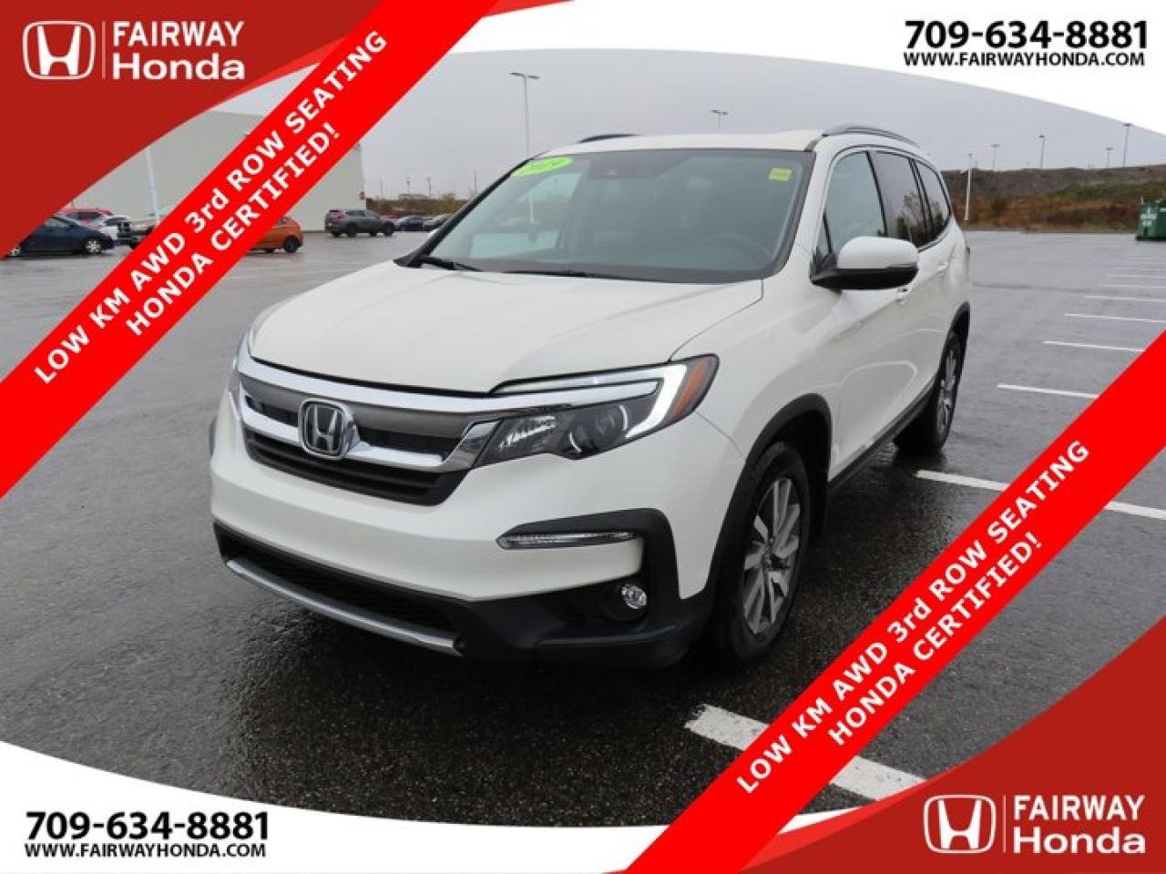 Awards:* ALG Canada Residual Value Awards, Residual Value AwardsOdometer is 30279 kilometers below market average! White Diamond Pearl 2019 Honda Pilot EX LOW KM AWD 3rd ROW SEATING HONDA CERTIFIED! AWD 6-Speed Automatic 3.5L V6 SOHC i-VTEC 24V*Professionally Detailed*, *Market Value Pricing*, AWD, 18 Aluminum Alloy Wheels, 3rd row seats: split-bench, 4-Wheel Disc Brakes, 7 Speakers, A/V remote: CabinControl, ABS brakes, Air Conditioning, AM/FM radio, Apple CarPlay/Android Auto, Auto High-beam Headlights, Auto-dimming Rear-View mirror, Automatic temperature control, Brake assist, Bumpers: body-colour, Cloth Seating Surfaces, Delay-off headlights, Driver door bin, Driver vanity mirror, Drivers Seat Mounted Armrest, Dual front impact airbags, Dual front side impact airbags, Electronic Stability Control, Emergency communication system: HondaLink Assist, Exterior Parking Camera Rear, Forward collision: Collision Mitigation Braking System (CMBS) + FCW mitigation, Four wheel independent suspension, Front anti-roll bar, Front dual zone A/C, Front fog lights, Front reading lights, Fully automatic headlights, Garage door transmitter: HomeLink, Heated door mirrors, Heated Front Bucket Seats, Illuminated entry, Lane departure: Lane Keeping Assist System (LKAS) active, Low tire pressure warning, Occupant sensing airbag, Outside temperature display, Overhead airbag, Overhead console, Panic alarm, Passenger door bin, Passenger seat mounted armrest, Passenger vanity mirror, Power door mirrors, Power driver seat, Power moonroof, Power steering, Power windows, Radio data system, Radio: 264-Watt AM/FM Audio System, Rear air conditioning, Rear anti-roll bar, Rear reading lights, Rear window defroster, Rear window wiper, Reclining 3rd row seat, Remote keyless entry, Roof rack: rails only, Security system, Speed control, Speed-sensing steering, Speed-Sensitive Wipers, Split folding rear seat, Spoiler, Steering wheel mounted audio controls, Tachometer, Telescoping steering wheel, Tilt steering wheel, Traction control, Trip computer, Turn signal indicator mirrors, Variably intermittent wipers.Honda Certified Details:* Vehicle history report. Access to MyHonda* 7 year / 160,000 km Power Train Warranty whichever comes first. This is an additional 2 year/60,000 kms beyond the original factory Power Train warranty. Honda Certified Used Vehicles also have the option to upgrade to a Honda Plus Extended Warranty* Multipoint Inspection* 24 hours/day, 7 days/week* 7 day/1,000 km exchange privilege whichever comes first* Exclusive finance rates on Certified Pre-Owned Honda modelsReviews:* Many owners say the Pilot drives like it looks big, comfortable, and stable. Ease of entry and exit, even for larger or mobility-challenged passengers, is well rated; and rear-seats are said to be usable by adults on longer trips. In all aspects of interior space and storage, the Pilot seems to have hit the mark. Other owner-stated plusses include confident traction from the fully automatic though part-time all-wheel drive system, and an excellent driving position, backed by above-average outward visibility. Source: autoTRADER.caFairway Honda - Community Driven!