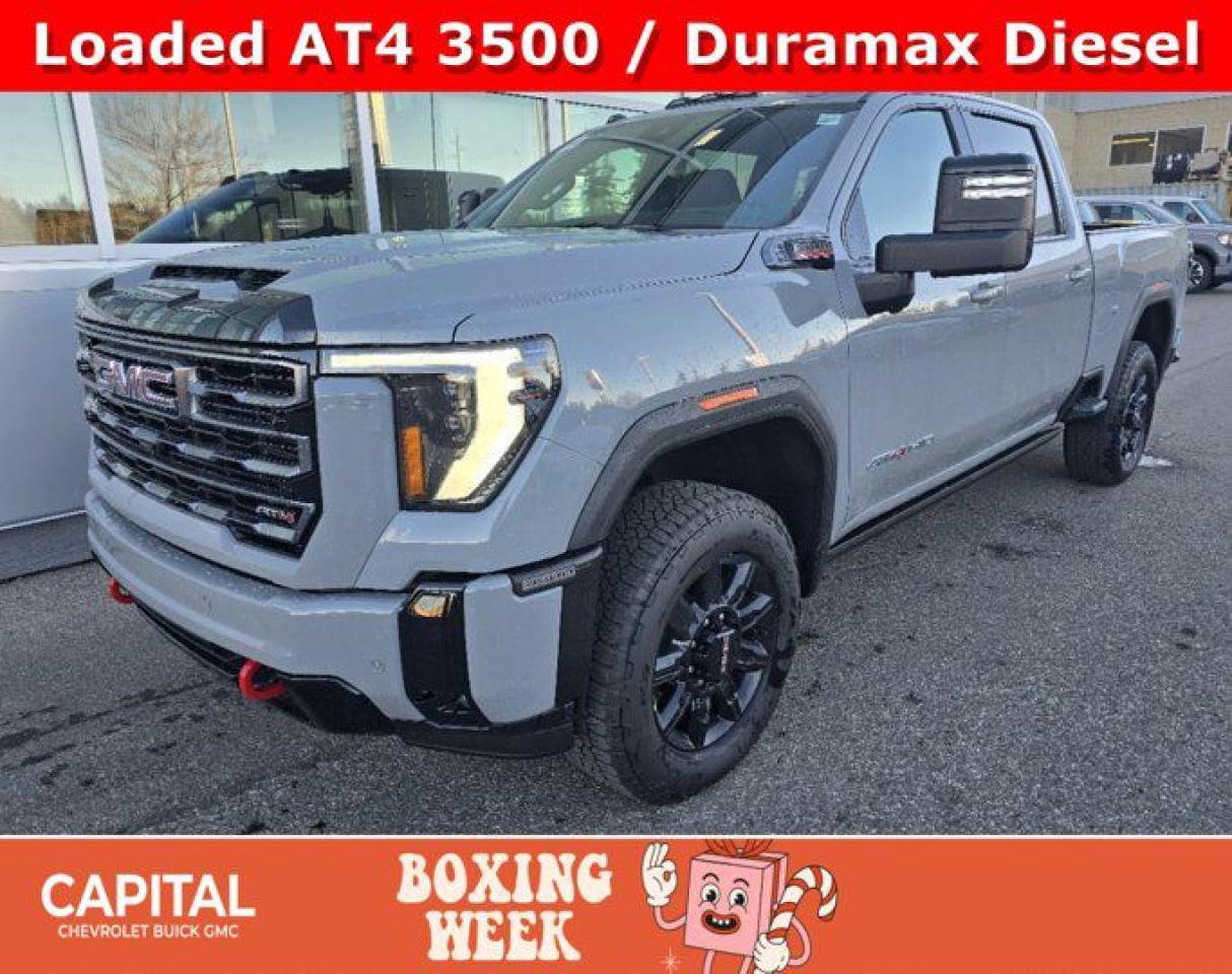 Accessories include: Tonneau cover and Gatorback mud flaps.This GMC Sierra 3500HD boasts a Turbocharged Diesel V8 6.6L/ engine powering this Automatic transmission. ENGINE, DURAMAX 6.6L TURBO-DIESEL V8, B20-DIESEL COMPATIBLE (470 hp [350.5 kW] @ 2800 rpm, 975 lb-ft of torque [1322 Nm] @ 1600 rpm) (Includes (K05) engine block heater.), Wireless Phone Projection for Apple CarPlay and Android Auto, Wireless charging.*This GMC Sierra 3500HD Comes Equipped with These Options *Wipers, front rain-sensing, Windows, power rear, express down, Window, power front, passenger express up/down, Window, power front, drivers express up/down, Wi-Fi Hotspot capable (Terms and limitations apply. See onstar.com or dealer for details.), Wheels, 20 (50.8 cm) High Gloss black aluminum wheels, 8 spokes, Wheelhouse liners, rear, USB Ports, 2, Charge/Data ports located inside centre console, USB Ports, 2 (first row) located on console, USB ports, (2) charge-only, rear.*Stop By Today *For a must-own GMC Sierra 3500HD come see us at Capital Chevrolet Buick GMC Inc., 13103 Lake Fraser Drive SE, Calgary, AB T2J 3H5. Just minutes away!