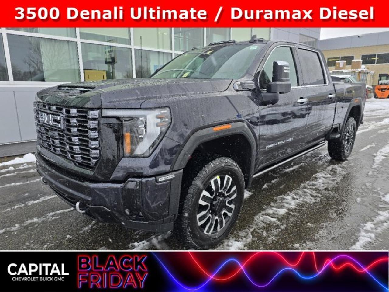 This GMC Sierra 3500HD delivers a Turbocharged Diesel V8 6.6L/ engine powering this Automatic transmission. ENGINE, DURAMAX 6.6L TURBO-DIESEL V8, B20-DIESEL COMPATIBLE (470 hp [350.5 kW] @ 2800 rpm, 975 lb-ft of torque [1322 Nm] @ 1600 rpm) (STD), Wireless Phone Projection for Apple CarPlay and Android Auto, Wireless charging.* This GMC Sierra 3500HD Features the Following Options *Wipers, front rain-sensing, Winter Grille Cover, Windows, power rear, express down, Window, power, rear sliding with rear defogger, Window, power front, passenger express up/down, Window, power front, drivers express up/down, Wi-Fi Hotspot capable (Terms and limitations apply. See onstar.com or dealer for details.), Wheels, 20 (50.8 cm) Ultra-bright machined aluminum wheels with gloss black inserts with Black painted pockets (Requires single rear wheels.), Wheelhouse liners, rear (Not available with dual rear wheel models.), USB Ports, 2, Charge/Data ports located inside centre console.* Visit Us Today *For a must-own GMC Sierra 3500HD come see us at Capital Chevrolet Buick GMC Inc., 13103 Lake Fraser Drive SE, Calgary, AB T2J 3H5. Just minutes away!