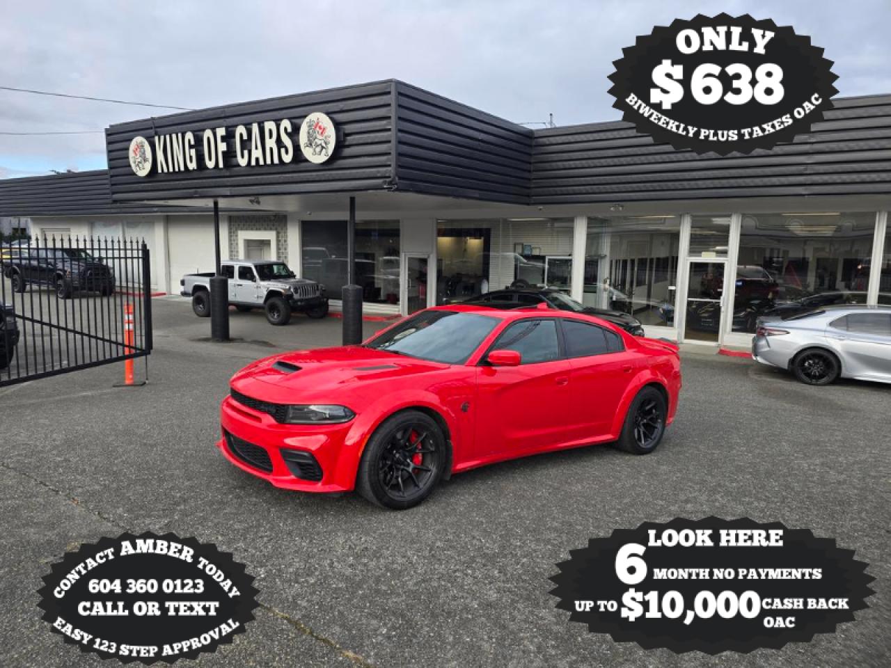 <p><strong>2022 Dodge Charger SRT Hellcat Redeye Widebody  Unleash the Beast</strong>            

<strong>Stock Number:</strong> P215154            

            

Dominate the road with the 2022 Dodge Charger SRT Hellcat Redeye Widebody. This stunning red powerhouse is engineered with a 6.2L V8 Supercharged High Output engine, delivering unrivaled performance and thrilling speed. Paired with an automatic transmission, this Charger offers a combination of power and precision thats built for the track but perfect for everyday driving. The widebody design adds an aggressive stance and superior stability, making it a true force on the road.    </p><p><strong>Performance & Power </strong>   

<strong>Engine:</strong> Equipped with a 6.2-liter supercharged HEMI V8 engine that roars with unmatched intensity.    

<strong>Horsepower & Torque:</strong> Delivers an astounding 797 horsepower and 707 lb-ft of torque, making it one of the most powerful production sedans available.    

<strong>Transmission:</strong> An 8-speed automatic transmission ensures precise and swift gear shifts, optimizing performance on both city roads and tracks.    

<strong>0-60 Time:</strong> Capable of sprinting from 0 to 60 mph in approximately 3.5 seconds, showcasing blistering acceleration.    

<strong>Top Speed:</strong> Reaches an incredible top speed of around 203 mph, underlining its status as a true muscle car icon.    

<strong>Suspension & Handling:</strong> Features adaptive suspension with Bilstein three-mode damping, providing a balanced mix of comfort and aggressive handling.    

    

<strong>Exterior Features</strong>    

<strong>Widebody Design:</strong> The Widebody package adds flared fenders that extend the body by 3.5 inches, enhancing its stance and stability.    

Aerodynamic Enhancements: Includes a vented hood, front splitter, and rear spoiler to improve airflow and downforce.    

<strong>Lighting:</strong> LED headlights and taillights with a distinctive, menacing look that matches its powerful performance.    

<strong>Wheel Setup:</strong> 20-inch lightweight forged wheels wrapped in high-performance Pirelli tires for superior grip and style.    

<strong>Distinctive Details:</strong> SRT badging, dual exhausts, and aggressive styling cues set it apart from other muscle sedans.    

    

<strong>Interior & Comfort  </strong>  

<strong>Seating:</strong> Luxurious, supportive, performance-inspired seats, often available in premium leather or suede with embroidered SRT logos.    

<strong>Technology:</strong> Features Uconnect 5 with a high-resolution touchscreen, Apple CarPlay, Android Auto, and navigation.    

<strong>Driver Assistance: </strong>Includes adaptive cruise control, blind-spot monitoring, and forward collision warning.    

<strong>Climate Control:</strong> Dual-zone automatic climate control ensures comfort for both driver and passengers.    

<strong>Sound System:</strong> High-end audio options, such as the Harman Kardon premium sound system, provide immersive audio experiences.        

                                   

 Call Us Today: 604-533-4499            

 Text Us Now: 604-360-0123       </p><p><style type=text/css></style><span style=font-family:Arial;font-size:10pt;font-style:normal; data-sheets-root=1><strong>Apply Online:</strong> Visit </span><a class=in-cell-link href=https://kingofcarsbc.com target=_blank><span style=color:#1155cc;><span style=-webkit-text-decoration-skip:none;font-family:Arial;font-size:10pt;font-style:normal;text-decoration-skip-ink:none; data-sheets-root=1><u>kingofcarsbc.com</u></span></span></a><span style=font-family:Arial;font-size:10pt;font-style:normal; data-sheets-root=1> to get a FREE Pre-Approval </span>     

            

Plus Administration Fee of $895 and Taxes            

Dealer #31301            

All finance options are subject to OAC (On Approved Credit).            </p>