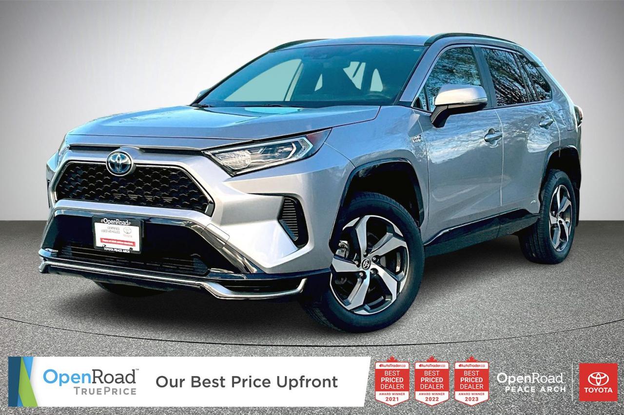 New Tires! One Owner! Fresh Oil Change!  The 2021 Toyota RAV4 Prime SE AWD is a plug-in hybrid SUV combining efficiency with performance. It features a 2.5-liter 4-cylinder engine paired with an electric motor, producing a combined 302 horsepower, allowing for a 0-60 mph time of 5.7 seconds. This model offers an all-electric range of approximately 42 miles, enhancing fuel efficiency. The SE trim includes an 8-inch touchscreen infotainment system, Apple CarPlay, Android Auto, and Amazon Alexa integration. Safety features include Toyota Safety Sense 2.0, with adaptive cruise control, lane-keeping assist, and automatic emergency braking. The AWD system ensures stability and traction in various driving conditions. Have confidence with your OpenRoad purchase! Every OpenRoad Certified Pre-Owned vehicle comes fully reconditioned and complete with a comprehensive 153 point mechanical inspection, a CarFax history & lien report, a 3-Day Money Back Guarantee, a 30-Day/2,000 kms Exchange Policy, a 90-Day/5,000 kms Powertrain Warranty, guaranteed clear title, and membership to our exclusive Club OpenRoad! As a proud member of the OpenRoad Auto Group, a trusted name since 2000 serving the Lower mainland (including White Rock, Surrey, Langley, Maple Ridge, Delta, Richmond, Mission and beyond) with outstanding Toyota vehicles, Toyota parts, and Toyota service since 1966! OpenRoad Toyota Peace Arch is a “True Price” dealer, meaning no inflated prices, and no need for back and forth haggling! We use up to the minute technology offering LIVE MARKET VALUE PRICING to ensure you are receiving the most competitive price possible on all of our Pre-Owned vehicles!  All advertised vehicle prices do not include our $599 documentation fee.