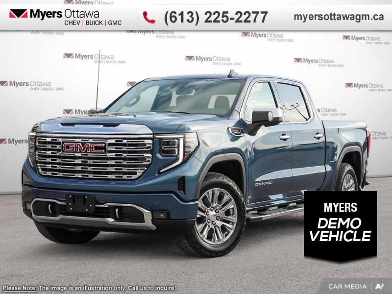 <br> <br>  With a bold profile and distinctive stance, this 2025 Sierra turns heads and makes a statement on the jobsite, out in town or wherever life leads you. <br> <br>This 2025 GMC Sierra 1500 stands out in the midsize pickup truck segment, with bold proportions that create a commanding stance on and off road. Next level comfort and technology is paired with its outstanding performance and capability. Inside, the Sierra 1500 supports you through rough terrain with expertly designed seats and robust suspension. This amazing 2025 Sierra 1500 is ready for whatever.<br> <br> This downpour metallic  4X4 pickup   has an automatic transmission.<br> <br> Our Sierra 1500s trim level is Denali. This premium Denali trim comes fully loaded with perforated leather seats and authentic open-pore wood trim, exclusive exterior styling, unique aluminum wheels, plus a massive 13.4 inch touchscreen display that features wireless Apple CarPlay and Android Auto, a premium 7-speaker Bose audio system, SiriusXM, and a 4G LTE hotspot. Additionally, this stunning pickup truck also features heated and cooled front seats and heated second row seats, a spray-in bedliner, wireless device charging, IntelliBeam LED headlights, remote engine start, forward collision warning and lane keep assist, a trailer-tow package with hitch guidance, LED cargo area lighting, ultrasonic parking sensors, an HD surround vision camera plus so much more! This is a demonstrator vehicle driven by a member of our staff, so we can offer a great deal on it.<br><br> <br>To apply right now for financing use this link : <a href=https://creditonline.dealertrack.ca/Web/Default.aspx?Token=b35bf617-8dfe-4a3a-b6ae-b4e858efb71d&Lang=en target=_blank>https://creditonline.dealertrack.ca/Web/Default.aspx?Token=b35bf617-8dfe-4a3a-b6ae-b4e858efb71d&Lang=en</a><br><br> <br/>    3.99% financing for 84 months.  Incentives expire 2025-01-02.  See dealer for details. <br> <br><br> Come by and check out our fleet of 40+ used cars and trucks and 150+ new cars and trucks for sale in Ottawa.  o~o