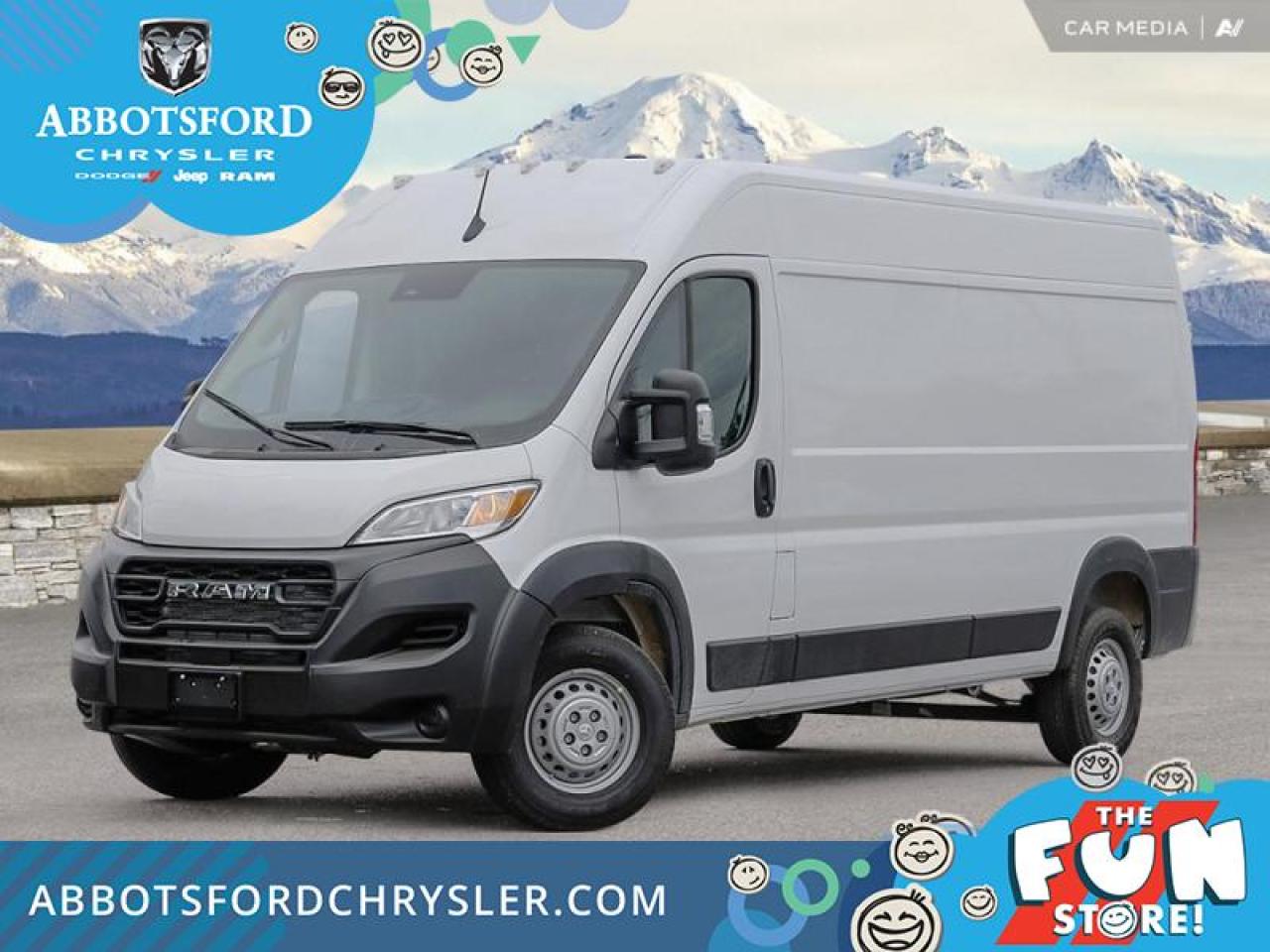 <br> <br>  Greetings. <br> <br><br> <br> This bright white van  has a 9 speed automatic transmission and is powered by a  276HP 3.6L V6 Cylinder Engine.<br> <br> Our ProMaster Cargo Vans trim level is 3500 High Roof 159. This full-size van comes packed with work-ready features inside and out. Featuring the best-in-class turning diameter, exceptional payload capacity and it also includes remote keyless entry, air conditioning, power windows, Uconnect 3 w/5 inch display screen and streaming audio, a remote USB port for charging your devices, tire pressure monitoring, electronic stability control, trailer sway control, electronic roll mitigation, Rams Parkview rear camera and much more. This vehicle has been upgraded with the following features: Trailer Hitch. <br><br> View the original window sticker for this vehicle with this url <b><a href=http://www.chrysler.com/hostd/windowsticker/getWindowStickerPdf.do?vin=3C6MRVHG4SE509970 target=_blank>http://www.chrysler.com/hostd/windowsticker/getWindowStickerPdf.do?vin=3C6MRVHG4SE509970</a></b>.<br> <br/>    5.49% financing for 96 months. <br> Buy this vehicle now for the lowest weekly payment of <b>$257.80</b> with $0 down for 96 months @ 5.49% APR O.A.C. ( taxes included, Plus applicable fees   ).  Incentives expire 2024-12-02.  See dealer for details. <br> <br>Abbotsford Chrysler, Dodge, Jeep, Ram LTD joined the family-owned Trotman Auto Group LTD in 2010. We are a BBB accredited pre-owned auto dealership.<br><br>Come take this vehicle for a test drive today and see for yourself why we are the dealership with the #1 customer satisfaction in the Fraser Valley.<br><br>Serving the Fraser Valley and our friends in Surrey, Langley and surrounding Lower Mainland areas. Abbotsford Chrysler, Dodge, Jeep, Ram LTD carry premium used cars, competitively priced for todays market. If you don not find what you are looking for in our inventory, just ask, and we will do our best to fulfill your needs. Drive down to the Abbotsford Auto Mall or view our inventory at https://www.abbotsfordchrysler.com/used/.<br><br>*All Sales are subject to Taxes and Fees. The second key, floor mats, and owners manual may not be available on all pre-owned vehicles.Documentation Fee $699.00, Fuel Surcharge: $179.00 (electric vehicles excluded), Finance Placement Fee: $500.00 (if applicable)<br> Come by and check out our fleet of 70+ used cars and trucks and 100+ new cars and trucks for sale in Abbotsford.  o~o