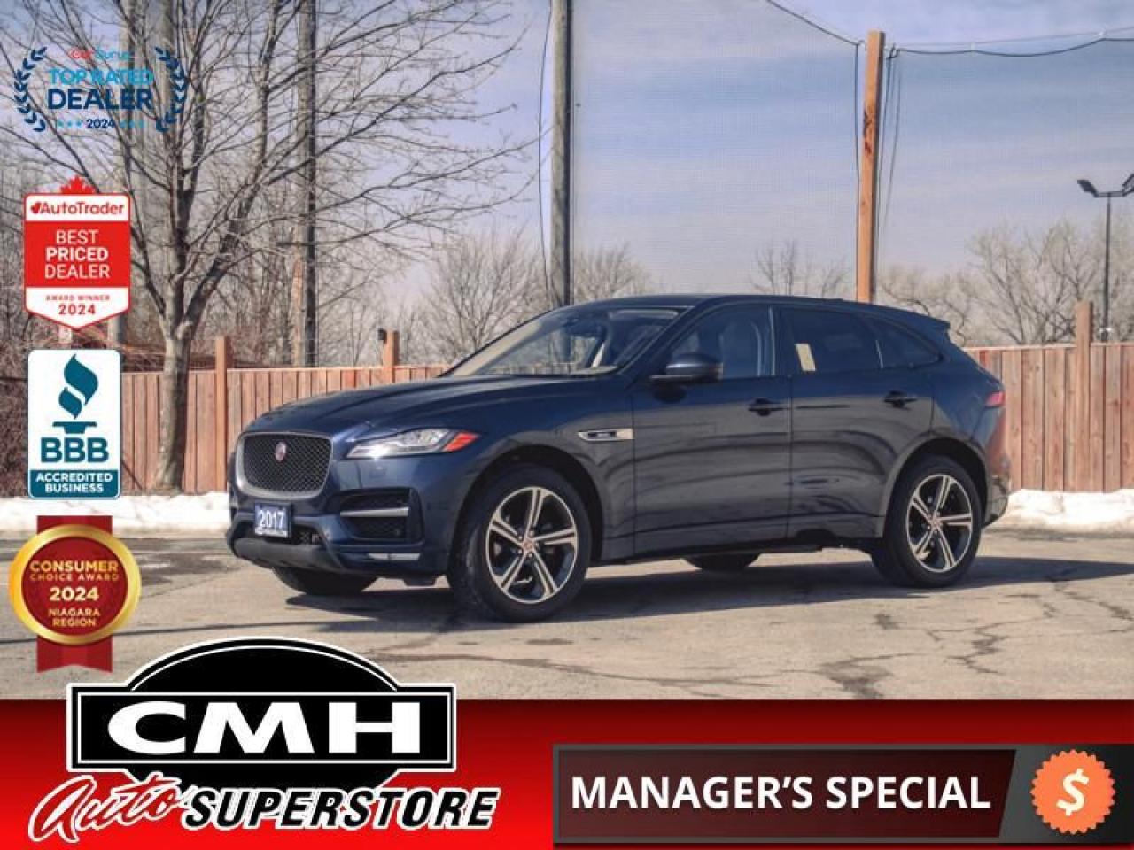 <b>DIESEL AWD !! R-SPORT !! NAVIGATION, REAR CAMERA, PARK SENSORS, LANE KEEPING, BLIND SPOT, RAIN SENSING WIPERS, APPLE CARPLAY, PANORAMIC SUNROOF, LEATHER, POWER SEATS, COOLED/HEATED SEATS, HEATED STEERING WHEEL, POWER LIFTGATE, 20-INCH ALLOY WHEELS<br></b><br>  <br>CMH certifies that all vehicles meet DOUBLE the Ministry standards for Brakes and Tires<br><br> <br>    This  2017 Jaguar F-Pace is for sale today. <br> <br>This F-Pace takes the pure Jaguar DNA of legendary performance, handling and luxury. Then it adds space and practicality. Technologically advanced to the core, this F-Pace is the most practical Jaguar sports vehicle. It combines enhanced driving exhilaration with adeptness. All enhanced by technologies that improve your driving experience and keep you connected. It has the capability for every road and the capacity for every day. This F-Pace is a Jaguar for you, a Jaguar for your family. This  SUV has 163,748 kms. Its  blue in colour  and is major accident free based on the <a href=https://vhr.carfax.ca/?id=qxEQR5QQTYFWOWVT/gS+kE2gKZLzHspw target=_blank>CARFAX Report</a> . It has an automatic transmission and is powered by a  180HP 2.0L 4 Cylinder Engine. <br> <br> Our F-Paces trim level is 20d R-Sport. The R-Sport trim adds some sporty attitude to this luxury SUV. It comes with an R-Sport body kit, adaptive LED headlights, autonomous emergency braking, lane keep assist, blind spot assist, a sliding panoramic roof, aluminum wheels, an 8-inch touchscreen display with Bluetooth, a rearview camera, Meridian premium audio, a leather-wrapped steering wheel with audio and cruise control, and more. This vehicle has been upgraded with the following features: Sunroof,  Bluetooth,  Premium Sound Package,  Rear View Camera,  Steering Wheel Audio Control,  Aluminum Wheels. <br> <br>To apply right now for financing use this link : <a href=https://www.cmhniagara.com/financing/ target=_blank>https://www.cmhniagara.com/financing/</a><br><br> <br/><br>Trade-ins are welcome! Financing available OAC ! Price INCLUDES a valid safety certificate! Price INCLUDES a 60-day limited warranty on all vehicles except classic or vintage cars. CMH is a Full Disclosure dealer with no hidden fees. We are a family-owned and operated business for over 30 years! o~o